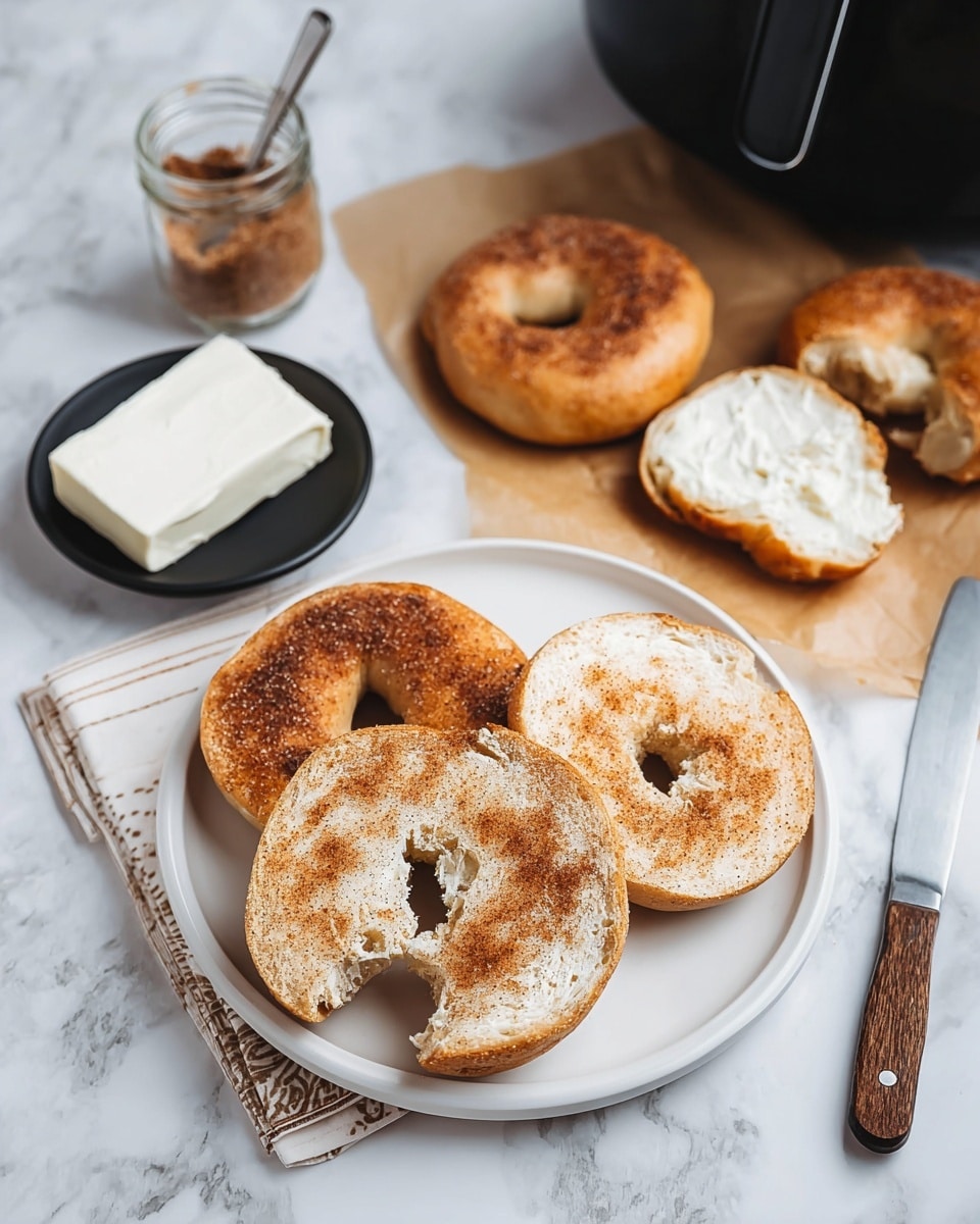 The image shows a white plate with three toasted bagel halves covered in a light brown cinnamon sugar layer, with one half having a small bite taken from it. To the right, two plain bagels rest on brown parchment paper, one whole and one sliced. Behind the plate is a small black bowl holding a block of white cream cheese with a small knife featuring a wooden handle laid across it. Nearby, a glass jar of cinnamon sugar sits with a spoon inside, and the whole scene is set on a white marbled surface. Photo taken with an iphone --ar 4:5 --v 7