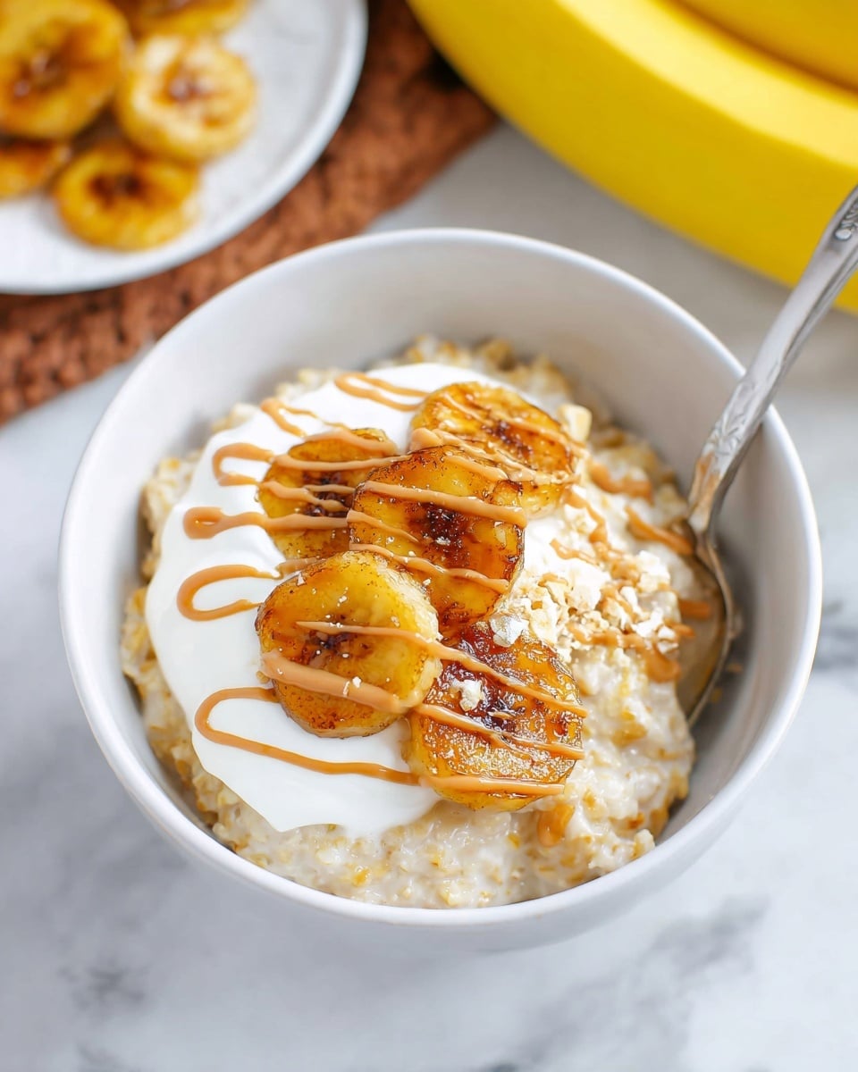 A white bowl filled with creamy oatmeal at the bottom, topped with five golden-brown caramelized banana slices arranged in a small cluster near the center, a generous dollop of thick white yogurt next to the bananas, and thin drizzles of light brown peanut butter over the bananas and yogurt. The bowl sits on a white marbled surface with a spoon partially inserted into the oatmeal and yogurt. In the background, there are bright yellow bananas and part of a white plate with more caramelized banana slices. Photo taken with an iphone --ar 4:5 --v 7