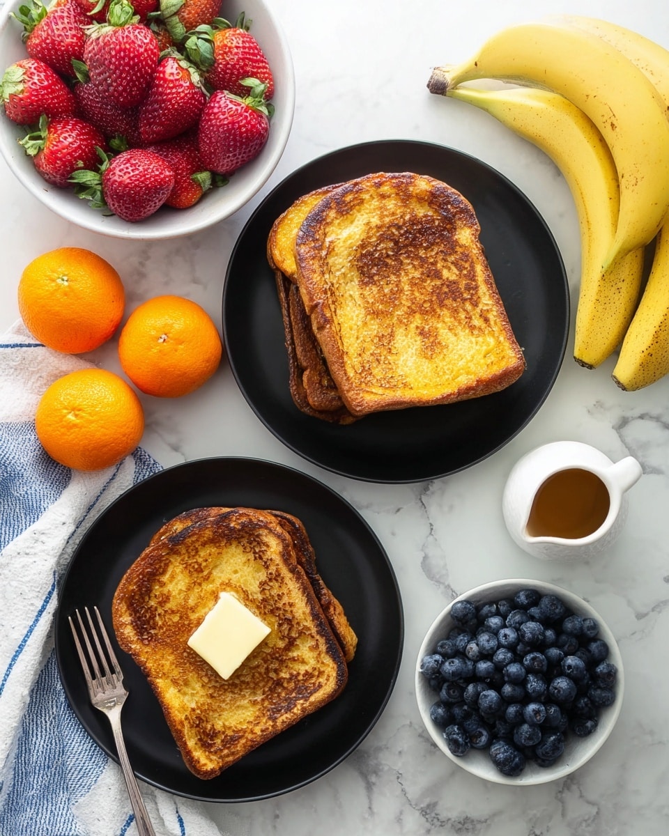 Two black plates hold stacks of three golden brown French toast slices each, with the top slice on the lower plate topped with a square of melting butter and syrup. A silver fork rests on the edge of the lower plate. Surrounding the plates on a white marbled surface are fresh fruit: a white bowl filled with bright red strawberries on the left, two orange mandarins near the center, a white bowl filled with plump blueberries to the right, and a bunch of yellow bananas with some brown speckles at the top right. A small white jug of syrup is partly visible near the blueberries, and a white cloth with blue stripes lies beside the lower plate. photo taken with an iphone --ar 4:5 --v 7