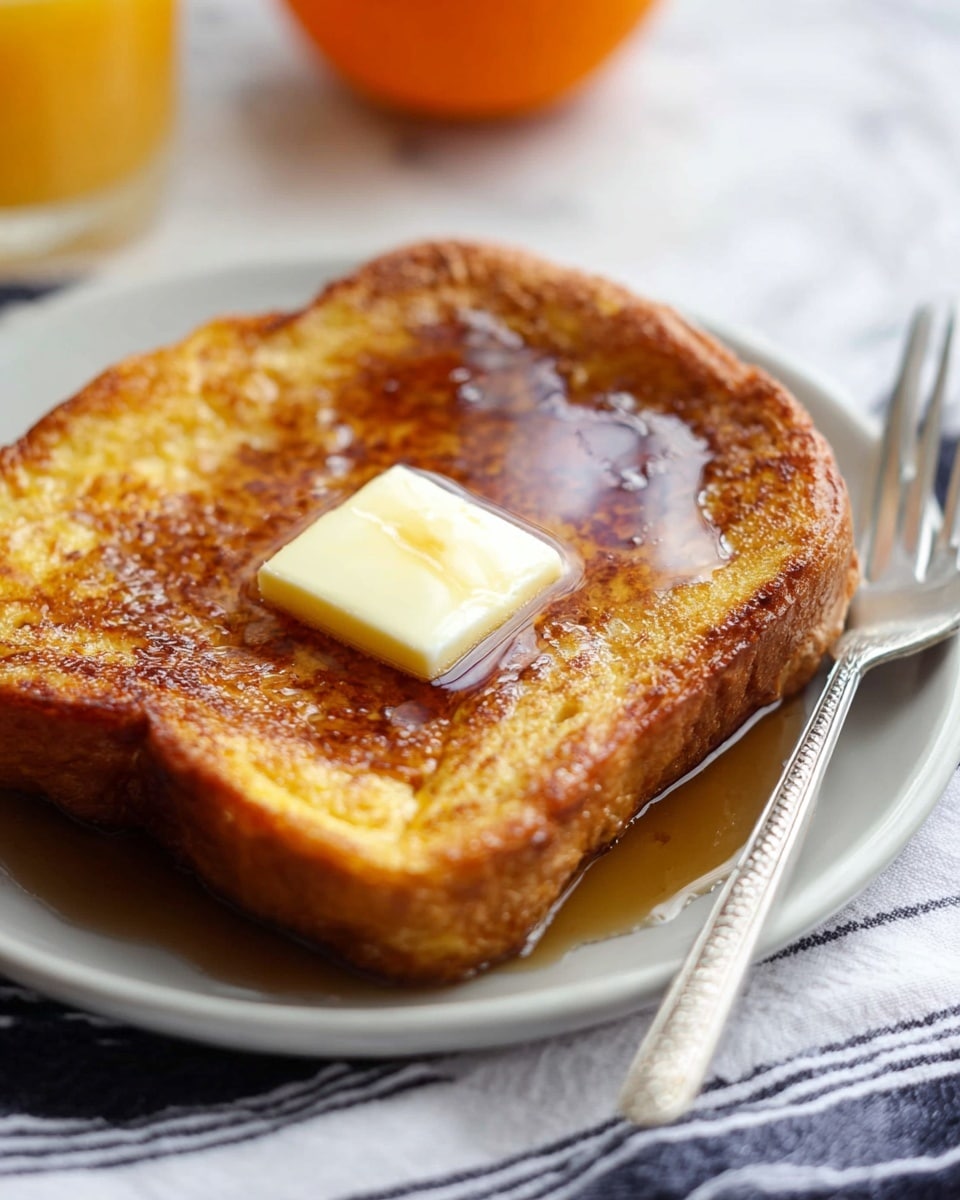 A thick slice of golden brown French toast with crispy edges sits on a white plate, topped with a square pat of melting butter that is partially covered with syrup glistening smoothly over the toast’s surface. The toast shows a soft, airy texture inside with a slightly toasted crust. A silver fork with a detailed handle rests on the right side of the plate, placed on a white cloth with navy stripe patterns. The background features a white marbled texture, and an out-of-focus orange sits in the upper part of the image, adding a splash of color. Photo taken with an iphone --ar 4:5 --v 7