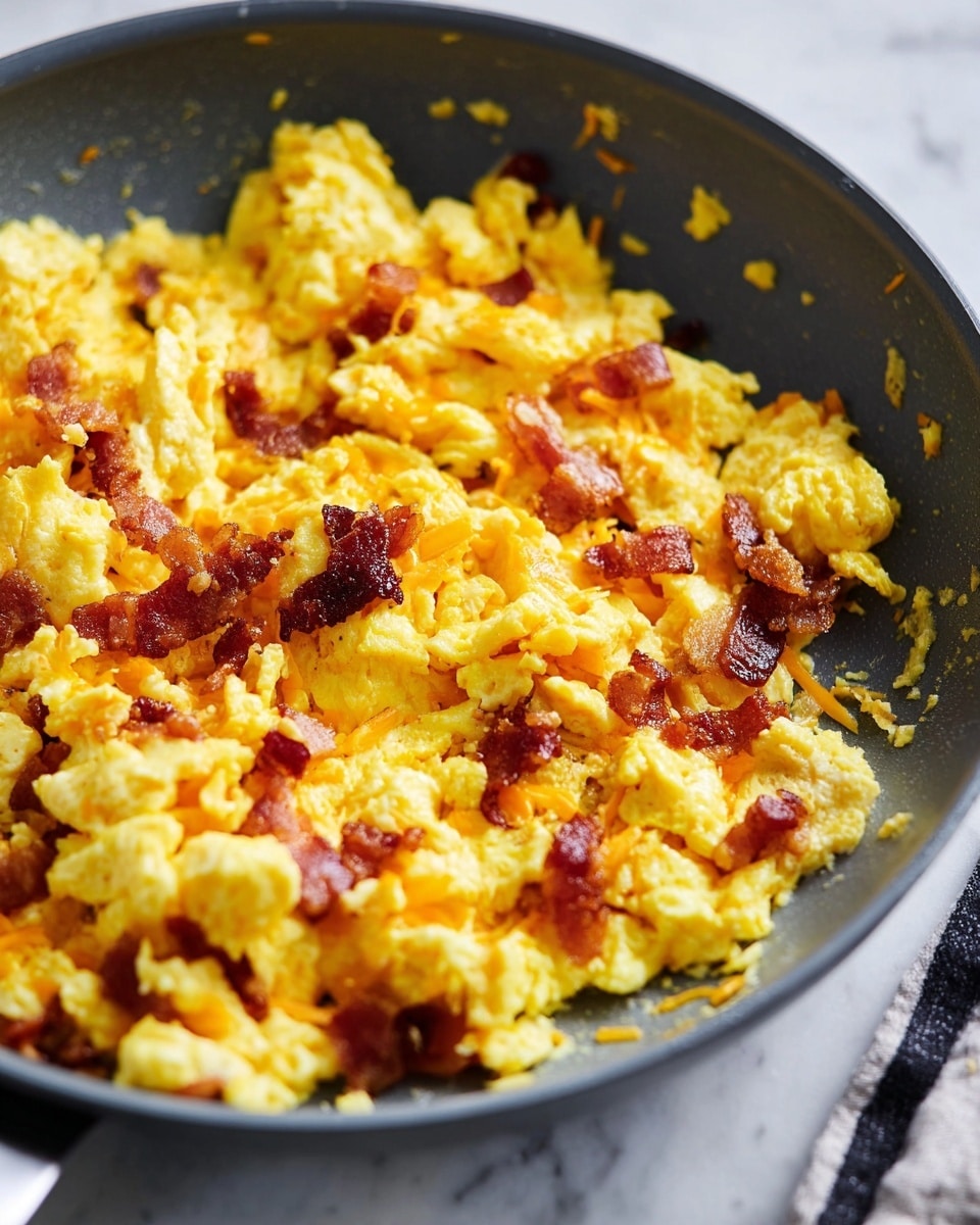 This image shows a close-up of scrambled eggs mixed with crispy, browned bacon pieces inside a dark grey non-stick skillet. The eggs are soft, fluffy, and bright yellow, with bits of melted cheddar cheese adding an orange hue scattered throughout. The bacon pieces are layered evenly among the eggs, showing a mix of crispy edges and tender middle parts. The skillet is set on a white marbled surface, with a small part of a black and white striped cloth visible on the right side. The foreground is in sharp focus, highlighting the texture of the eggs and bacon, while the background fades softly. photo taken with an iphone --ar 4:5 --v 7