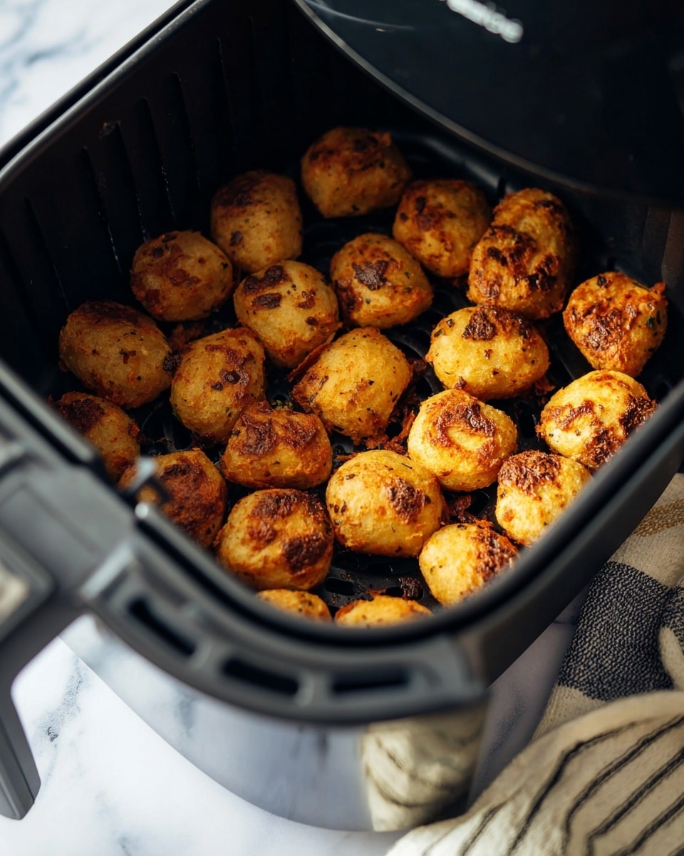 The image shows an open black air fryer basket filled with golden brown, round chunks of food that look crisp and roasted, with some darker burnt spots on their textured surface. The air fryer basket is placed on a white marbled surface with part of a striped cloth visible on the bottom right. The lighting highlights the warm, cooked color of the food pieces, making them look freshly air fried and ready to eat. photo taken with an iphone --ar 4:5 --v 7