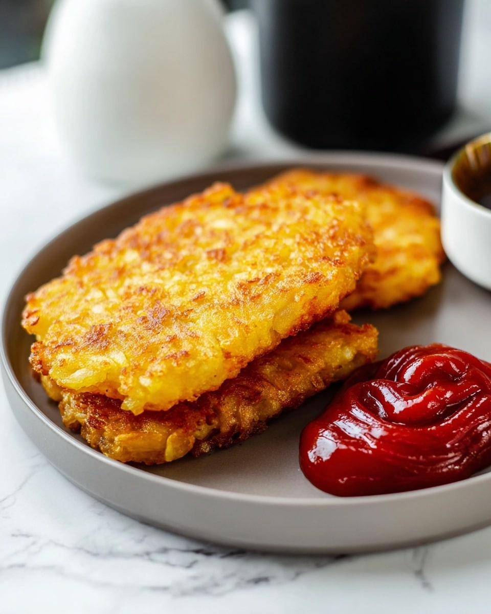 Two golden, crispy hash brown patties are stacked slightly overlapping on a white plate, showing their crunchy texture and small potato pieces. To the right side of the stack is a small mound of bright red ketchup with a glossy, thick texture and gentle folds. The plate rests on a white marbled surface, with a soft focus on a white salt container and a black bottle in the background. The lighting highlights the warm tones of the hash browns, making them appear hot and fresh. photo taken with an iphone --ar 4:5 --v 7