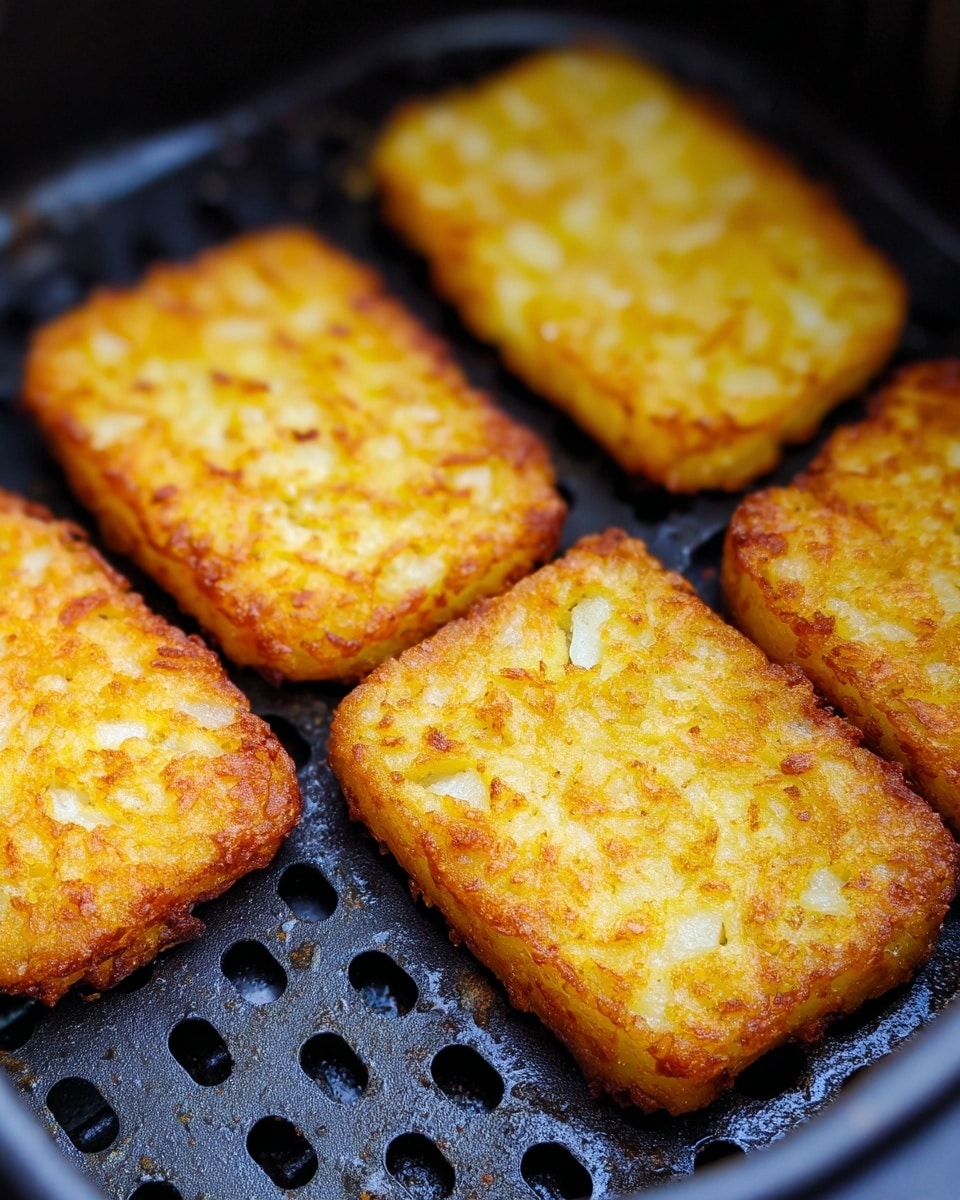 Four golden brown rectangular hash browns with a crispy texture and visible small potato chunks are placed inside a black air fryer basket with small round and rectangular holes; the sharp edges and crunchy surface of each hash brown are clearly seen. The background is out of focus, highlighting the crispiness of the hash browns. photo taken with an iphone --ar 4:5 --v 7