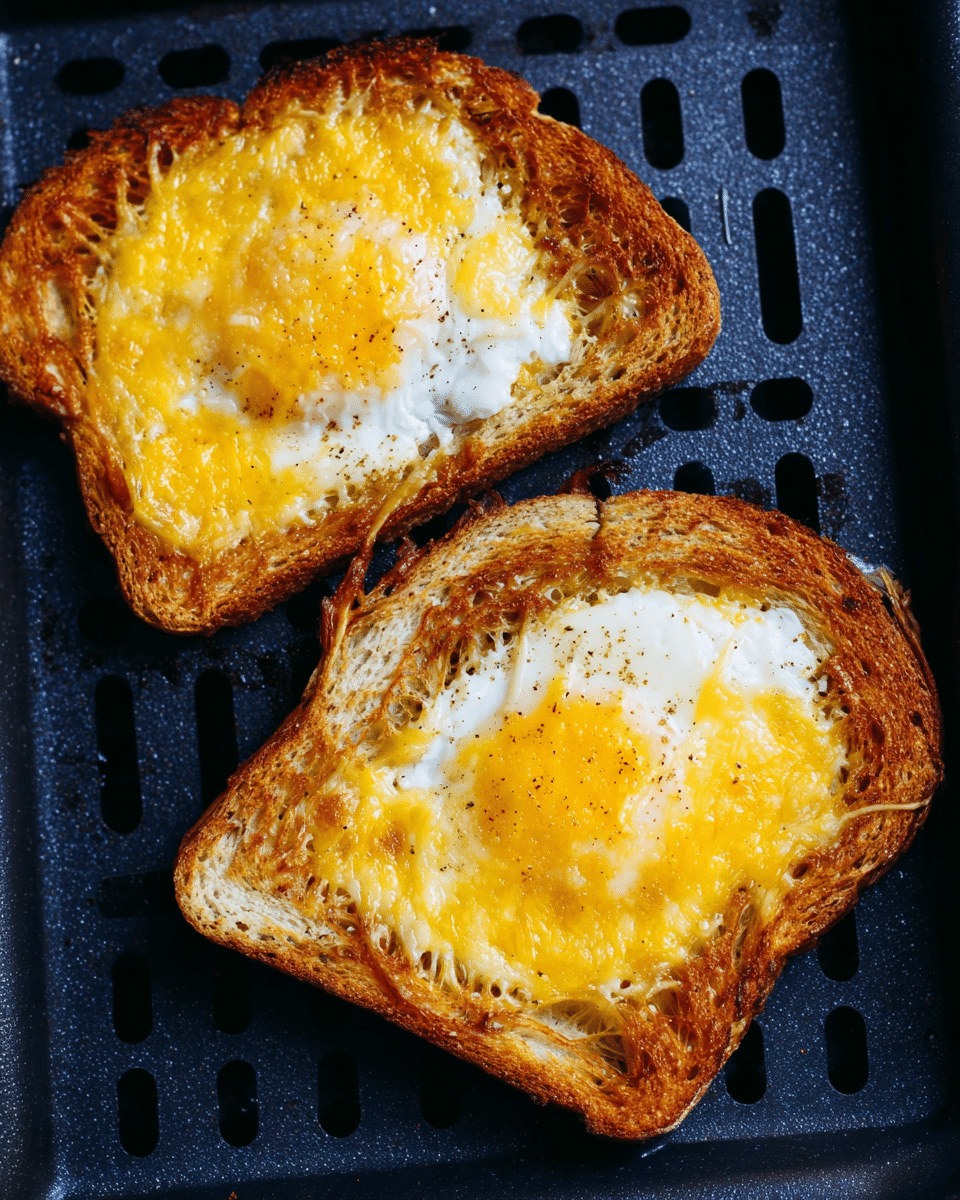 Two slices of toasted bread sit on a dark tray with holes. Each slice has a cooked egg in the center, with the white part solid and the yolk fully melted and spread over the egg white. The toast is golden brown with crispy edges, and the melted yellow cheese covers most of the egg area, slightly browned on the edges. The texture of the toast looks crunchy, and the cheese looks smooth and gooey. photo taken with an iphone --ar 4:5 --v 7