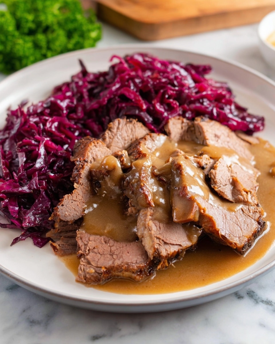 The dish shows several layers of sliced roast beef stacked unevenly on the right side of a white plate, covered with a smooth, light brown gravy that glistens slightly. On the left side of the plate, there is a pile of finely shredded, glossy dark red cabbage that looks moist and fresh. The plate sits on a white marbled surface with some green parsley blurred in the background, adding a touch of color behind the dish. Photo taken with an iphone --ar 4:5 --v 7