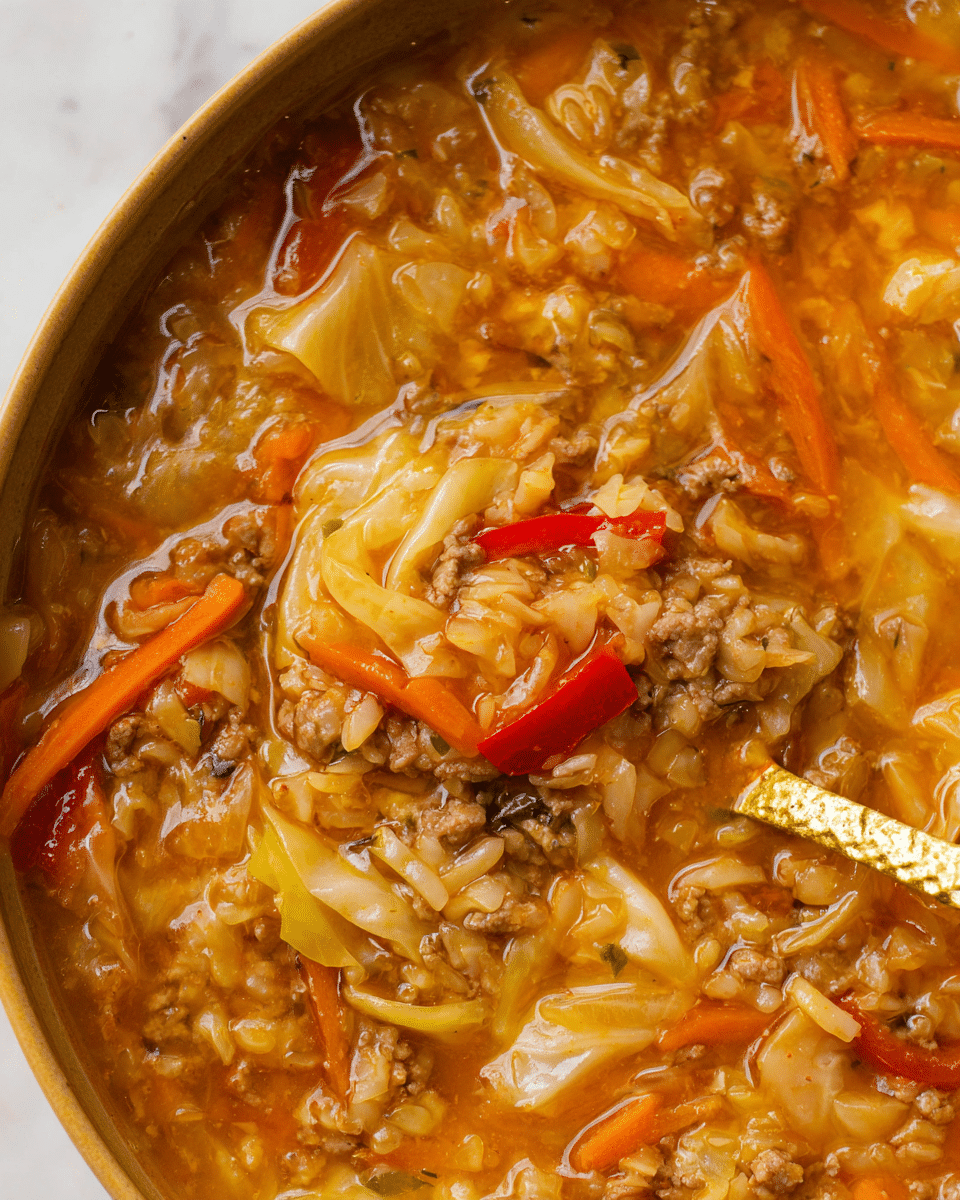 This close-up image shows a thick, chunky soup with many layers. The base layer is a rich, orange-brown broth with a glossy, slightly oily texture. Mixed in are soft, pale yellow cabbage pieces with slightly translucent edges, plus thin, bright orange carrot strips. Small, tender grains of cooked rice and bits of brown, crumbly ground meat are scattered throughout. There are also small chunks of red bell pepper adding bits of bright red color. A golden spoon with a textured surface is partially submerged, holding up some of the soup. The whole scene sits on a white marbled surface. Photo taken with an iphone --ar 4:5 --v 7