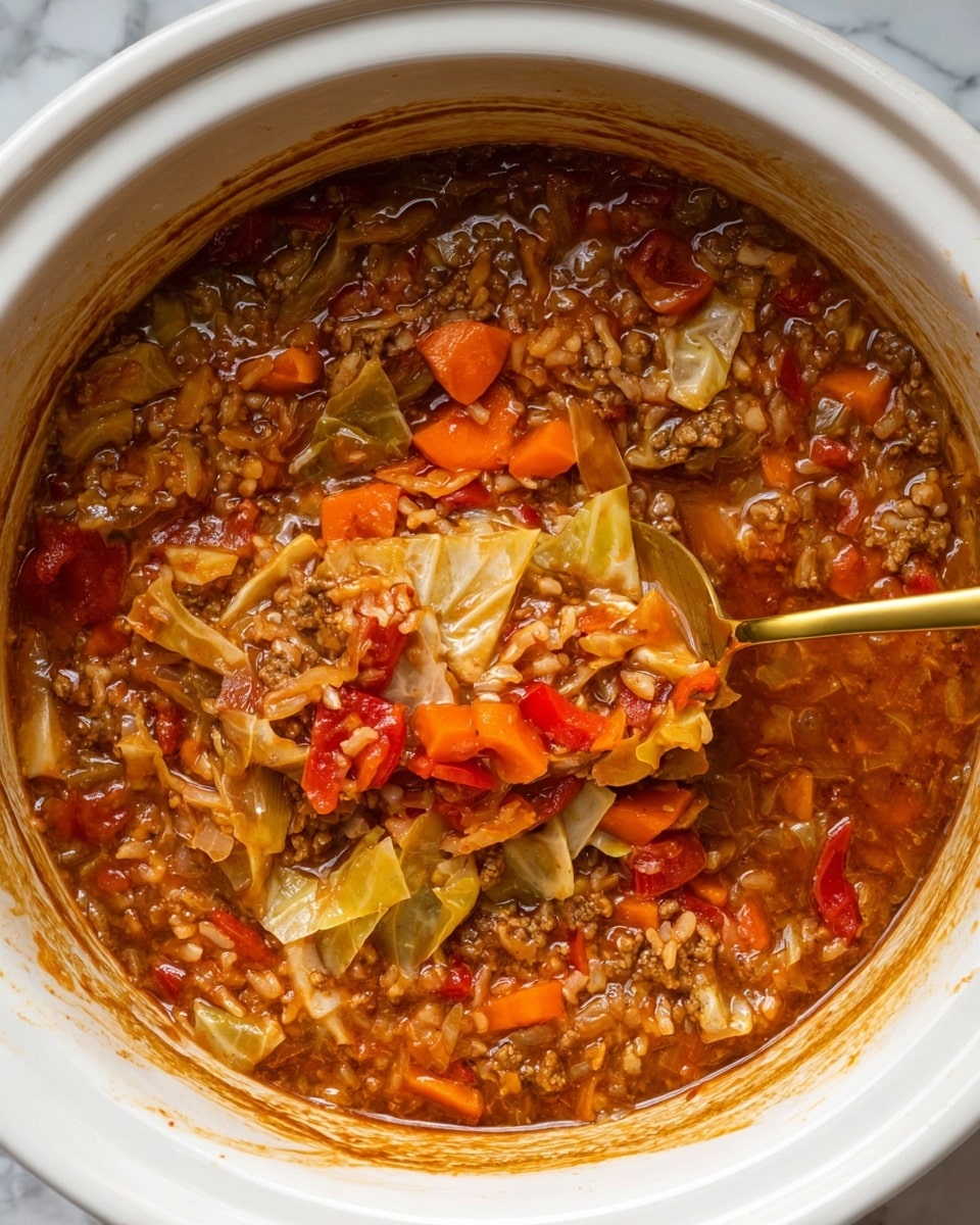 The image shows a white slow cooker filled with a thick, chunky stew made of multiple visible layers and textures. The base layer is a rich, reddish-brown broth with a glossy surface, mixed with finely chopped vegetables like orange carrot strips, red bell pepper pieces, and large light green cabbage chunks scattered throughout. Small grains of cooked rice and bits of ground meat are evenly distributed, blending into the stew’s hearty texture. A gold metal spoon is dipped into the stew, lifting a mixed bundle of vegetables and broth toward the top right. The inside rim of the slow cooker has light stains of the reddish broth, highlighting the cooked nature of the stew. The entire setting is on a white marbled texture. Photo taken with an iphone --ar 4:5 --v 7
