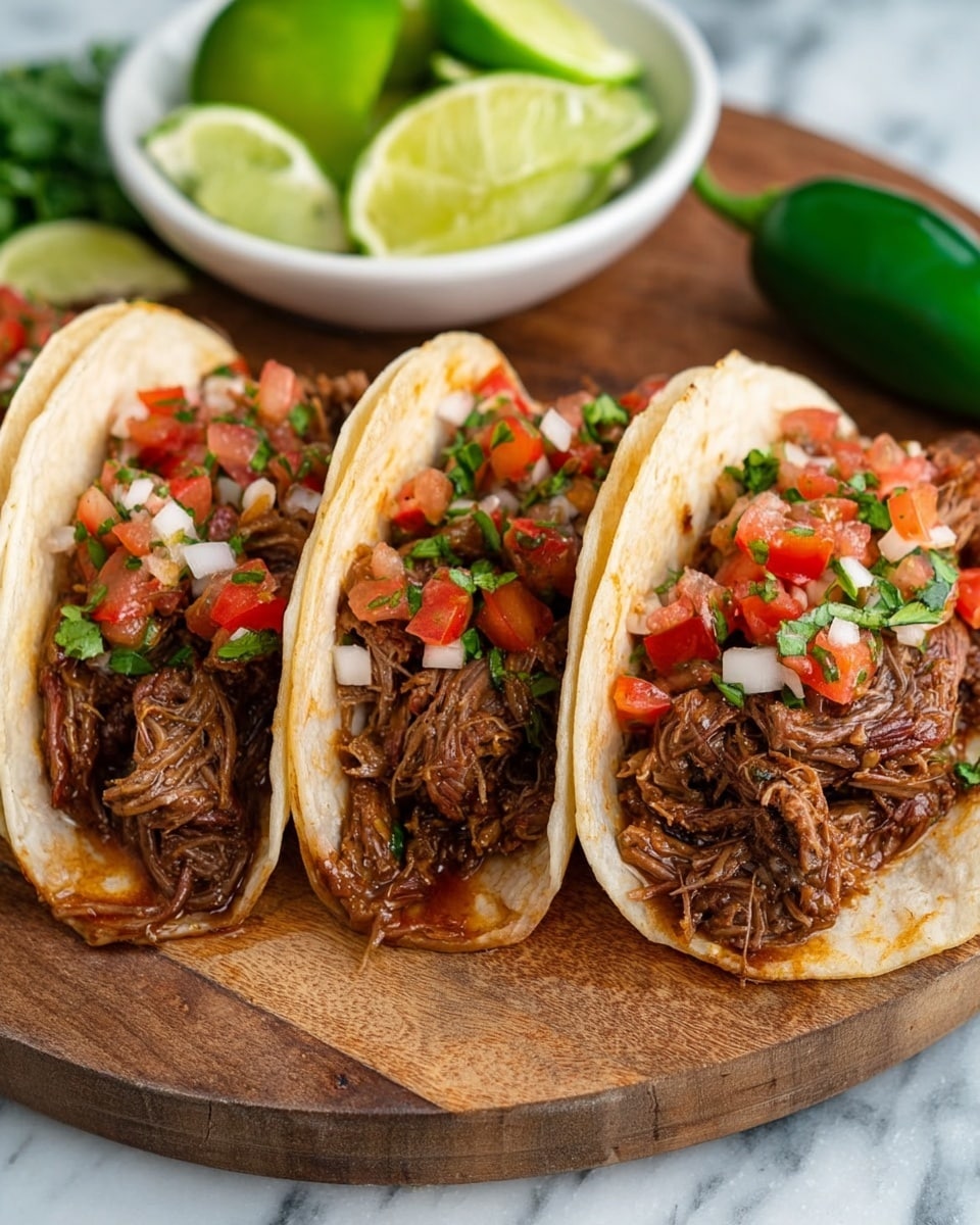 Four soft white tortillas each hold a layer of shredded brown meat soaked in sauce at the bottom, topped with a fresh mix of small diced red and white tomatoes, white onion, and green herbs. The tacos sit closely on a round wooden board, with a white bowl filled with sliced green limes in the background. The texture of the meat looks tender and juicy, while the salsa topping adds color and freshness. A large green jalapeño pepper rests on the white marbled surface near the board. Photo taken with an iphone --ar 4:5 --v 7