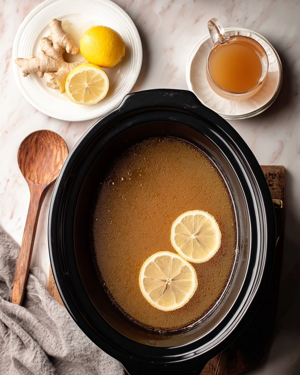 A black slow cooker filled with a light brown broth, with two thin lemon slices floating near the edge. To the left, a wooden spoon rests on a white plate, and a light gray cloth is partially visible under the slow cooker. On the right side, a white plate holds a halved lemon and a piece of ginger, and below it is a clear glass mug filled with the same light brown broth. The background has a white marbled texture. photo taken with an iphone --ar 4:5 --v 7
