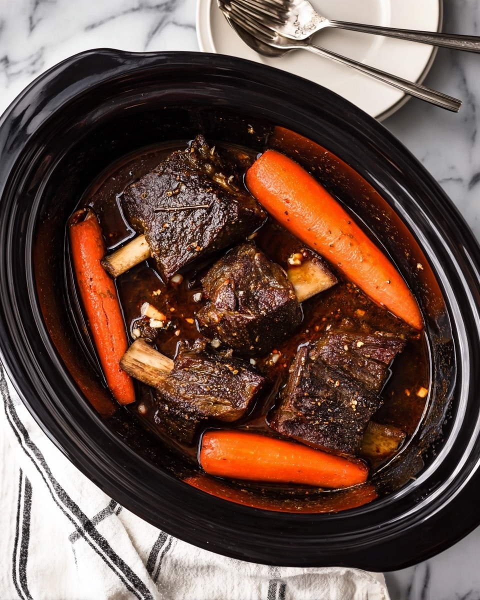 The image shows a black oval slow cooker filled with several cooked beef ribs and whole peeled carrots in a dark brown sauce. There are five ribs visible, each with a dark charred crust and a small bone sticking out, resting mostly at the bottom and middle of the cooker. The carrots are thick and soft-looking, placed around and on top of the meat, bright orange with a slightly glossy surface from the sauce. The sauce covers the base and partially coats the ribs and carrots, with some small bits of garlic or seasoning floating in it. The slow cooker sits on a white marbled surface, next to a white cloth with black stripes and a white plate with a fork. Photo taken with an iphone --ar 4:5 --v 7