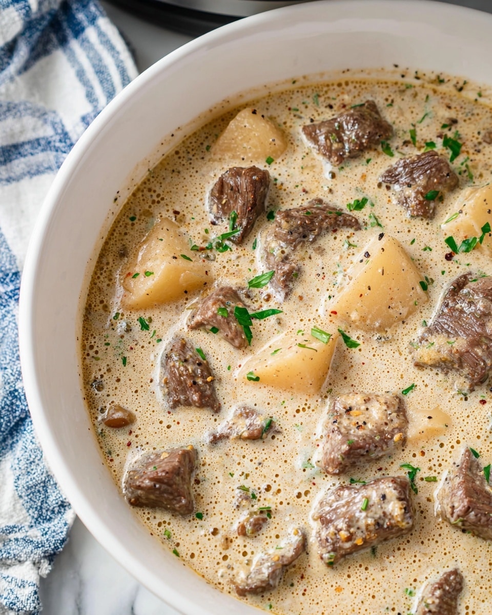 A close-up view of a creamy stew in a white bowl, showing about ten pieces of brown beef chunks and light tan potato pieces floating in rich, light beige creamy sauce with a slightly bubbly texture. The sauce is speckled with small bits of herbs and black pepper, giving a textured look. Small green herb pieces gently float on top, adding a fresh contrast. The bowl sits on a white marbled surface with a blue and white checkered cloth nearby. Photo taken with an iphone --ar 4:5 --v 7