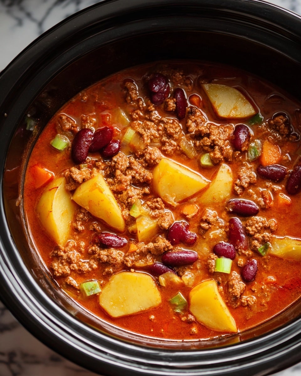 A close-up view of a thick stew inside a smooth black slow cooker pot, filled with a rich red-orange sauce. The dish shows tender slices of yellow potato layered with small pieces of browned ground meat, dark red kidney beans, chopped green celery, and soft translucent onion bits, all floating in the savory sauce. The deep, glossy broth surrounds the chunks and small ingredients, giving a hearty and comforting look. The pot sits on a white marbled surface. photo taken with an iphone --ar 4:5 --v 7