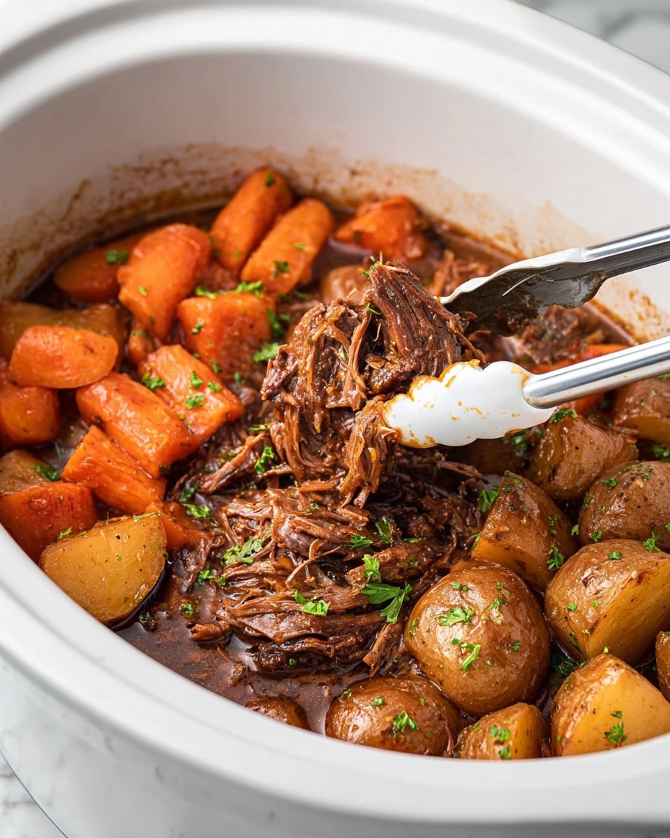The image shows a white round slow cooker filled with a beef stew. There are three main layers visible: large chunks of orange carrots on the left side, tender brown shredded beef in the middle being lifted by metal tongs with white tips, and roughly cut brown potatoes on the right. The beef and vegetables sit in a thick savory brown sauce, sprinkled with small green parsley leaves for garnish. The white marbled surface is clean and bright in the background. Photo taken with an iphone --ar 4:5 --v 7