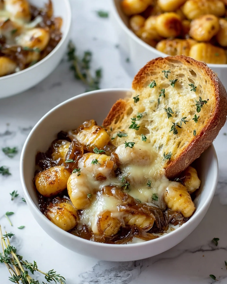 A white bowl filled with golden-brown gnocchi mixed with caramelized onions, topped with melted, gooey white cheese. A slice of toasted bread, light brown and crusty with some herbs, rests leaning inside the bowl over the gnocchi and cheese. Around the bowl, there are sprigs of fresh green thyme on a white marbled surface. In the background, there is another white bowl with more gnocchi blurred out. Photo taken with an iphone --ar 4:5 --v 7