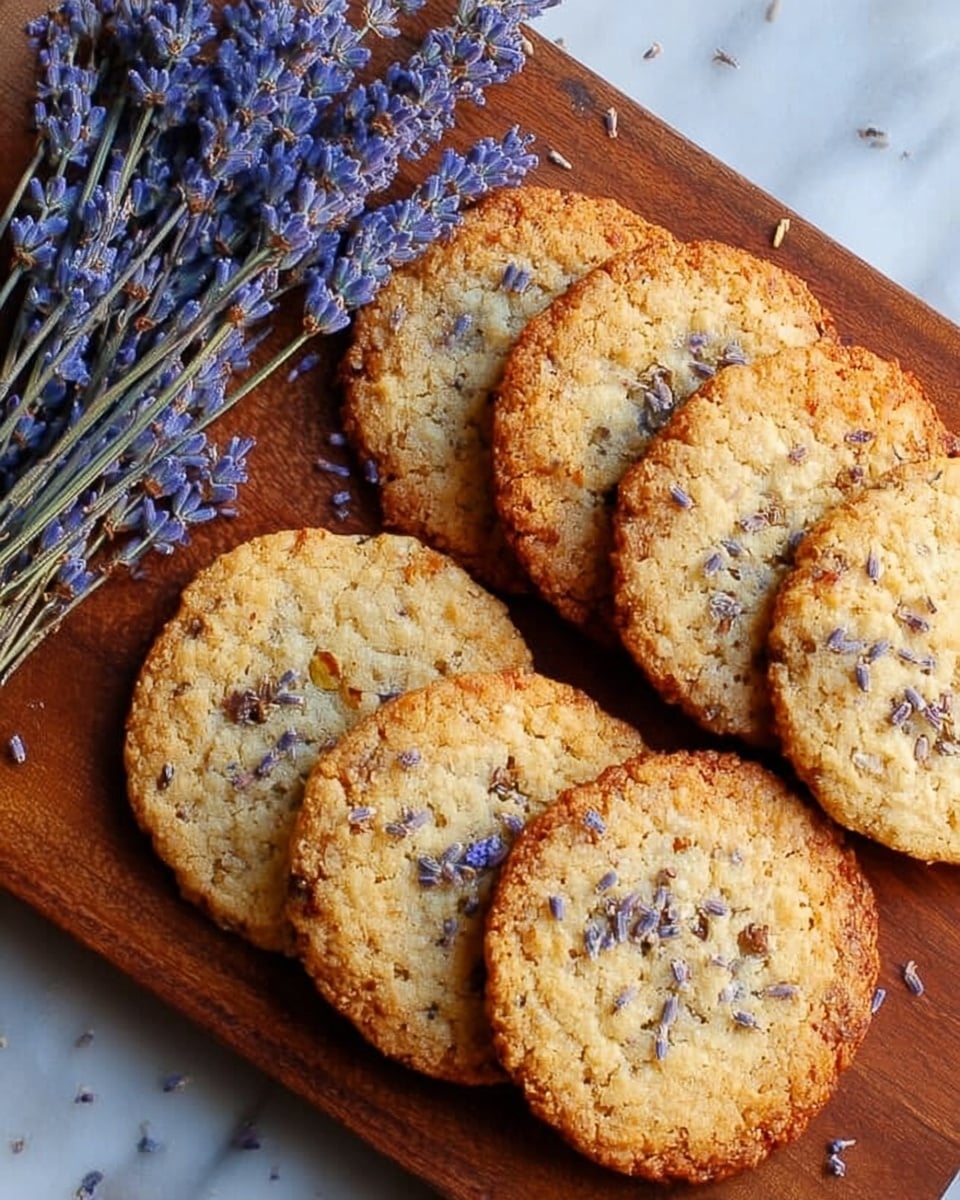 Five large, round cookies with a golden-brown edge and a lighter golden center are placed on a wooden board. Each cookie has small bits of what looks like lavender flowers scattered on top, adding texture and detail. To the left side of the board, there is a bunch of light purple lavender flowers, their thin stems and petals creating a soft contrast with the warm color of the cookies. The background is a white marbled surface that highlights the natural colors and textures of the cookies and flowers. photo taken with an iphone --ar 4:5 --v 7