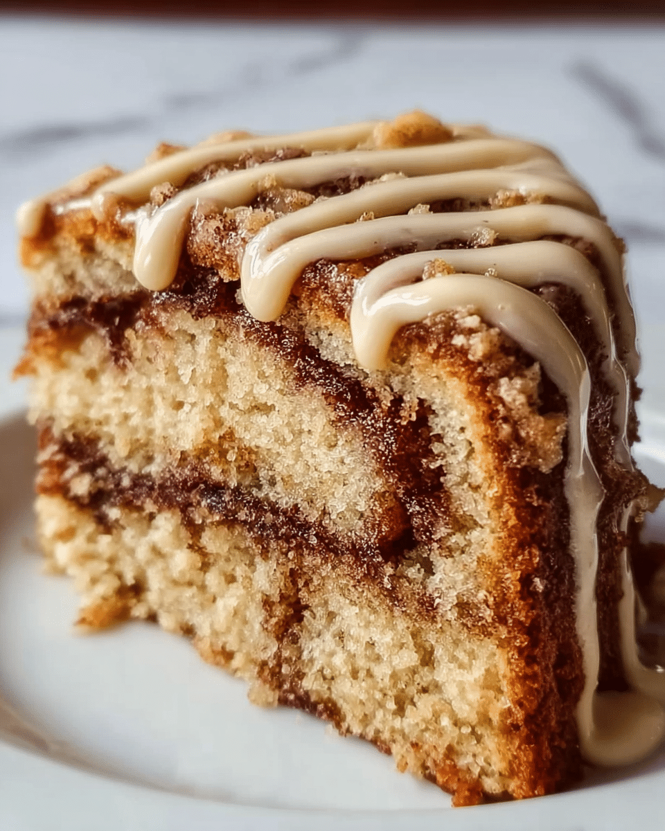 A close-up view of a slice of cinnamon roll cake on a white plate, showing multiple swirled layers of golden brown cake with darker cinnamon filling running through each layer. The top layer is coated with a smooth, light beige icing that slowly drips down the sides of the slice, highlighting its moist and crumbly texture. The cake's outer crust is darker and slightly crispy, contrasting with the soft inside. The setting has a white marbled texture surface beneath the plate. photo taken with an iphone --ar 4:5 --v 7