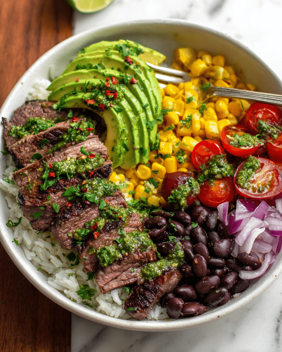 A white bowl sits on a white marbled surface, filled with several colorful layers of food. The base layer is white rice, mostly covered by layers on top. One area has sliced grilled steak with a pink center and green herb garnish, placed next to a pile of dark black beans. Adjacent to the beans is a sliced avocado fanned out, light green with red pepper flakes on top. The upper side features bright yellow corn kernels, and cherry tomato halves mixed with thin red onion slices. A creamy green sauce is drizzled over the whole bowl. A fork rests inside the bowl on the left side. Photo taken with an iphone --ar 4:5 --v 7