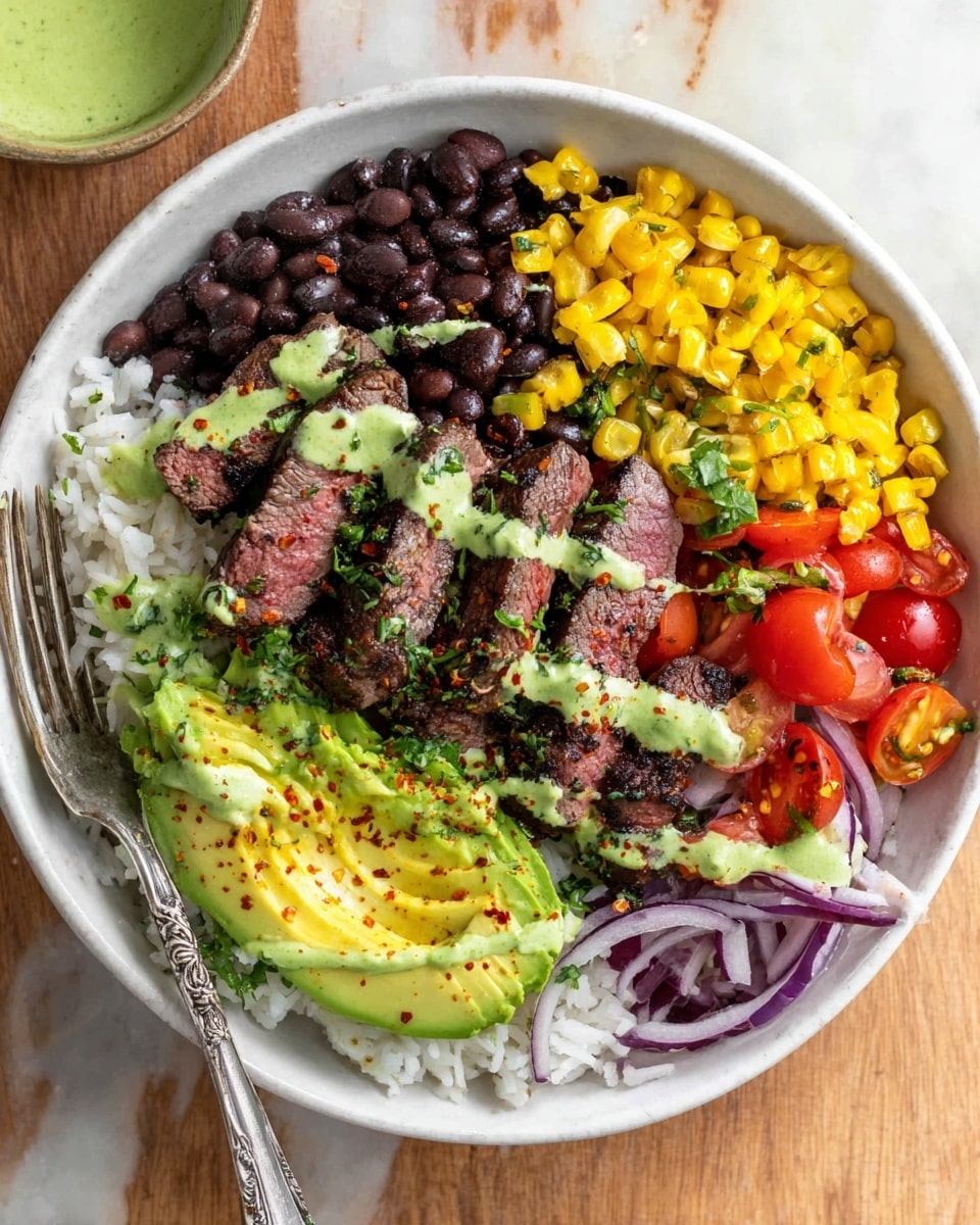 A white bowl filled with four main layers arranged in separate sections: a base layer of white rice topped by tender slices of grilled steak on one side, garnished with chopped green herbs; next to it, a bright green sliced avocado sprinkled with red chili flakes; a portion of shiny black beans beside the avocado, also garnished with some herbs; and finally, a colorful mix of yellow corn, halved cherry tomatoes, and thinly sliced red onions. The bowl sits on a white marbled surface with a fork resting inside it. Photo taken with an iphone --ar 4:5 --v 7