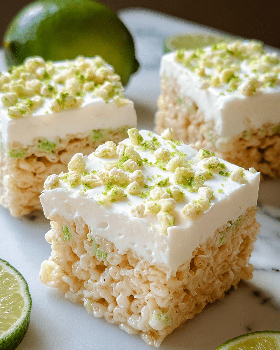The image shows three square treats made of puffed rice layered with a thin green layer inside, topped with a smooth white frosting. The frosting is decorated with small green sugar crystals and light brown toasted coconut flakes scattered evenly on top. The treats sit on a white marbled surface next to fresh lime wedges, suggesting a lime flavor. The texture looks crisp with the puffed rice and creamy with the frosting, highlighted by soft lighting. photo taken with an iphone --ar 4:5 --v 7