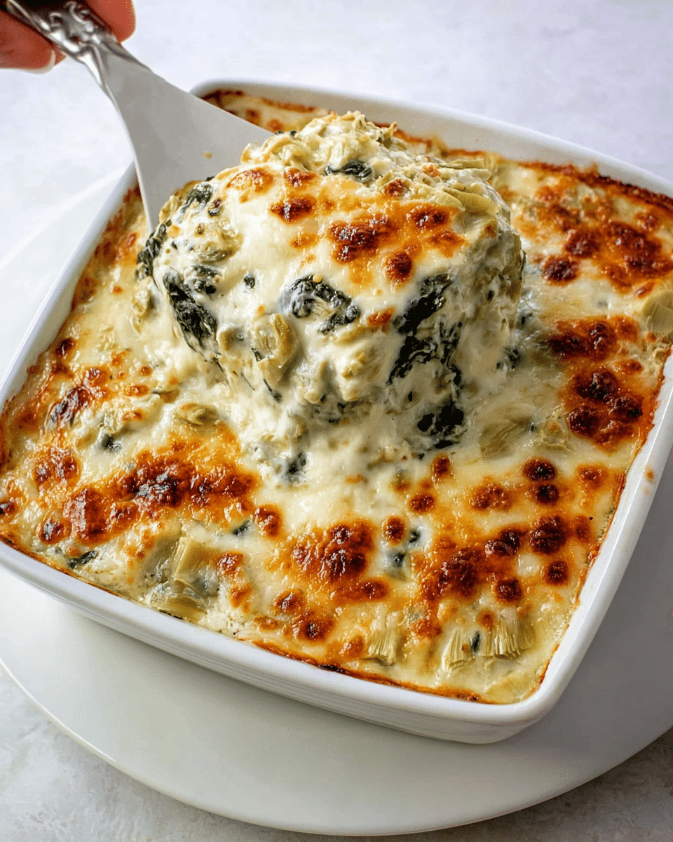 A white square dish filled with a baked creamy casserole showing two main layers; the top one is a golden brown melted cheese layer with bubbly, lightly burnt spots adding texture, while beneath it sits a thick white sauce with visible chunks of green spinach and pale artichoke pieces spread evenly, giving the dish a moist and rich look. The dish is placed on a white marbled surface with part of a white woman's hand holding a spatula scooping the casserole from one corner. Photo taken with an iphone --ar 4:5 --v 7