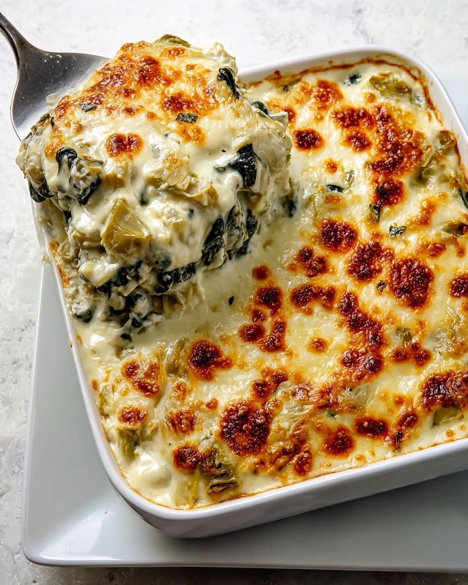 A white square baking dish holds a creamy baked casserole with two clear layers visible: the bottom layer shows chunks of light green artichoke hearts mixed with dark green spinach in a white creamy sauce, and the top layer is a golden brown melted cheese crust with bubbly, toasted spots scattered over a smooth, creamy surface. The dish is placed on a white marbled texture surface, with a metal spatula lifting a portion on the left side. Photo taken with an iphone --ar 4:5 --v 7