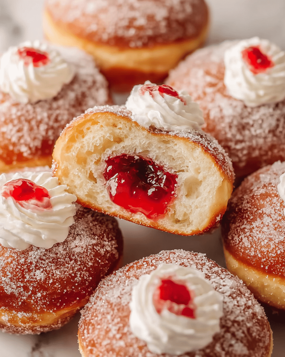 The image shows several round doughnuts covered in a light layer of granulated sugar, giving them a slightly rough texture. Each doughnut has a golden-brown outer crust with a soft, fluffy inside that is visible in one doughnut cut in half. Inside this cut doughnut, there is a bright red, glossy jelly filling with a smooth, shiny surface. On top of most whole doughnuts, there is a dollop of white whipped cream with soft peaks, topped with a spot of the same red jelly, creating a glossy contrast. All doughnuts are closely arranged on a white marbled surface, filling the frame. photo taken with an iphone --ar 4:5 --v 7