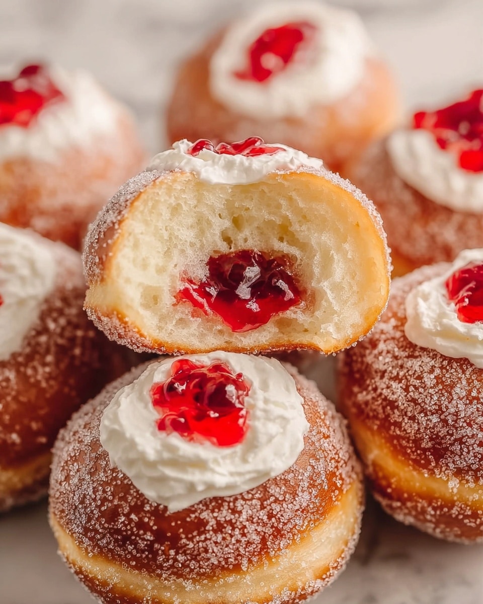 The image shows several round doughnuts covered in a light layer of white sugar, giving a sparkling texture on the outside. Most doughnuts have a topping of white whipped cream on top, with some red jelly spilling over the cream. The doughnut in the center is cut open showing its soft, fluffy light beige inside with a generous amount of shiny red jelly filling in the middle. The doughnuts are placed on a white marbled surface. photo taken with an iphone --ar 4:5 --v 7
