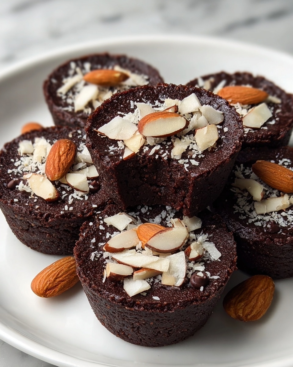 The image shows six dark brown chocolate fudge cups arranged closely on a white plate. Each cup has a moist, dense texture with a slightly rough surface. On top of each cup, there are scattered shallow pieces of light cream-colored coconut flakes and whole light brown almonds, adding texture and contrast. One cup is elevated on top of the others, showing its thick interior layer. The whole scene is set on a white marbled surface. Photo taken with an iphone --ar 4:5 --v 7