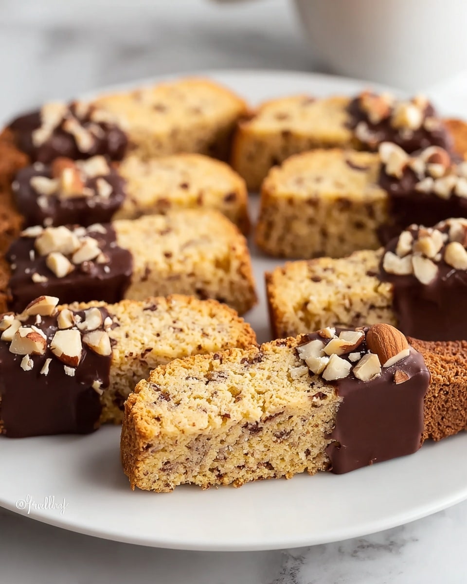 The image shows several rectangular biscotti arranged closely on a white plate. Each biscotti has two visible layers: the main body is a light golden brown with a crumbly texture and small darker specks, and one end is dipped in smooth dark chocolate. On top of the chocolate layer, there are scattered chopped nuts with light and dark brown pieces adding roughness. The plate rests on a white marbled surface that is softly blurred in the background. photo taken with an iphone --ar 4:5 --v 7