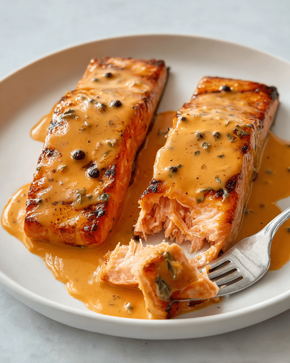 Two grilled salmon fillets with a golden-brown crust are placed side by side on a white plate. The salmon is covered with a smooth, orange-colored sauce that has bits of herbs and small black pepper pieces. One fillet shows a chunk being cut and lifted by a fork, revealing the tender, pink inside. The sauce pools slightly on the plate, adding a glossy texture around the fish. The scene is set on a white marbled texture photo taken with an iphone --ar 4:5 --v 7