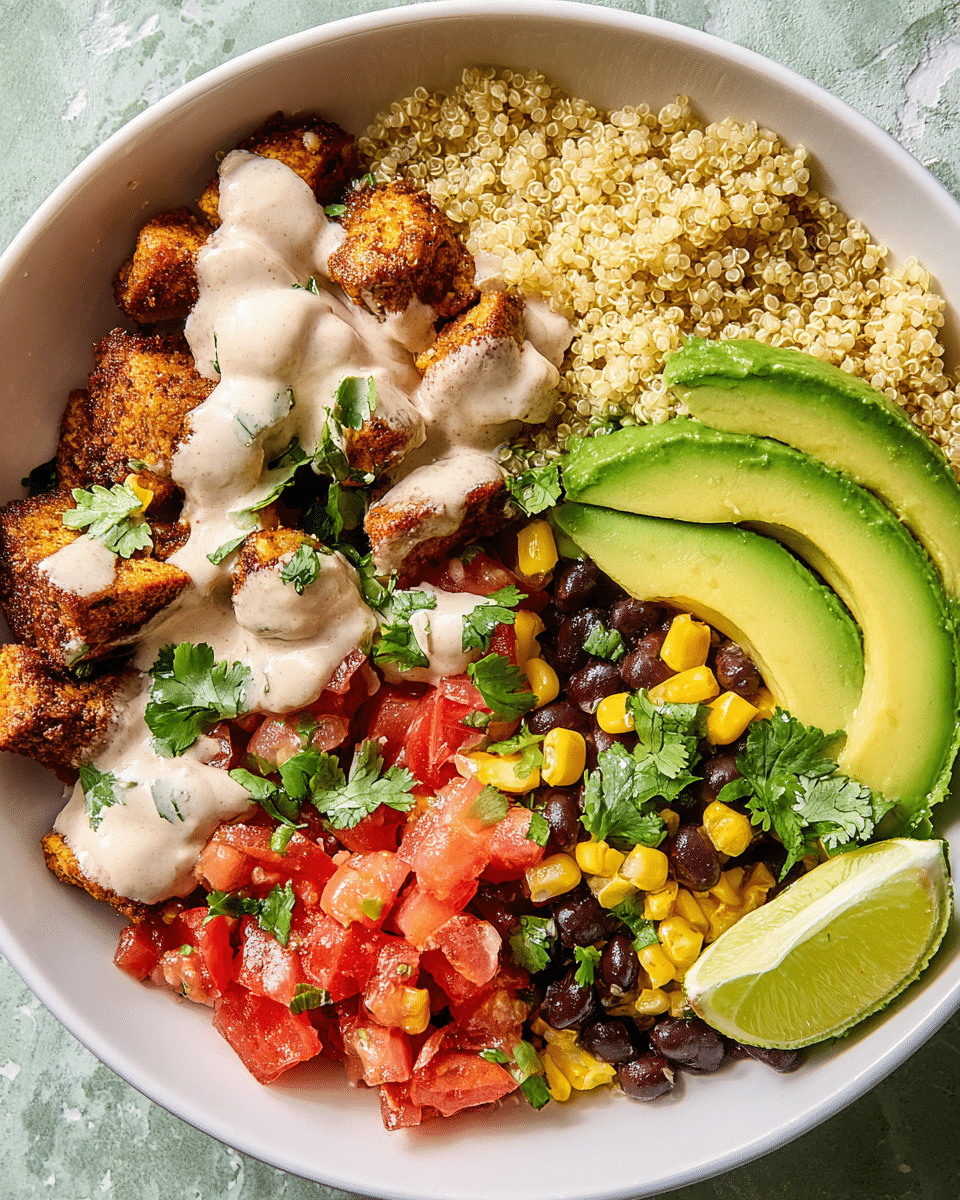 In a white bowl placed on a white marbled surface, there is a colorful and fresh looking dish made of several layered parts. The base layer includes light yellow cooked quinoa covering almost half the bowl's top left, topped with a smooth, light creamy sauce drizzled over it. On the left side, there are small, browned pieces of crispy tofu or chicken with the same creamy sauce drizzled partially over them. Next to this are bright red diced tomatoes with bits of green herbs mixed in, positioned on the bottom right. Above the tomato mix, there is a layer of black beans mixed with yellow corn kernels and scattered green cilantro leaves. Near the top right edge of the bowl, two thick slices of fresh green avocado are placed. A lime wedge is set beside the avocado slices on the bottom right edge of the bowl. photo taken with an iphone --ar 4:5 --v 7