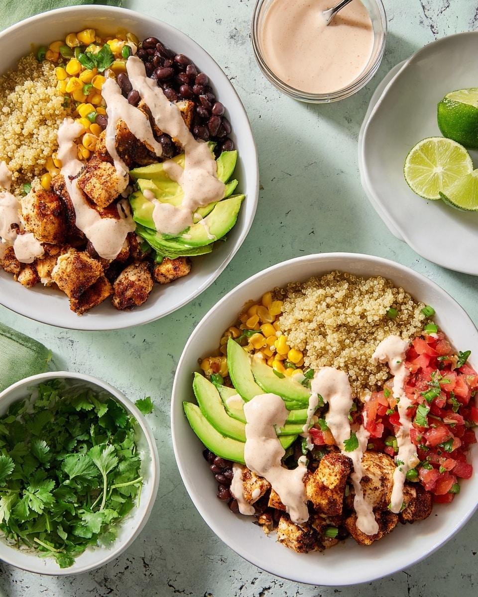 Two white bowls filled with a layered dish on a white marbled texture surface. Each bowl has a base layer of light yellow quinoa on one side, topped with a drizzle of creamy pale pink sauce. Next to the quinoa, there is a layer of golden brown grilled chicken pieces also drizzled with the same sauce. Beside the chicken, there is a mix of black beans and yellow corn, followed by a layer of red and green salsa made of chopped tomatoes, onions, and green peppers. Each bowl is garnished with bright green avocado slices and a wedge of lime. Around the bowls, a small white bowl holds fresh green cilantro leaves, another white bowl has extra creamy pale pink sauce with a spoon, and a white plate holds lime wedges. photo taken with an iphone --ar 4:5 --v 7