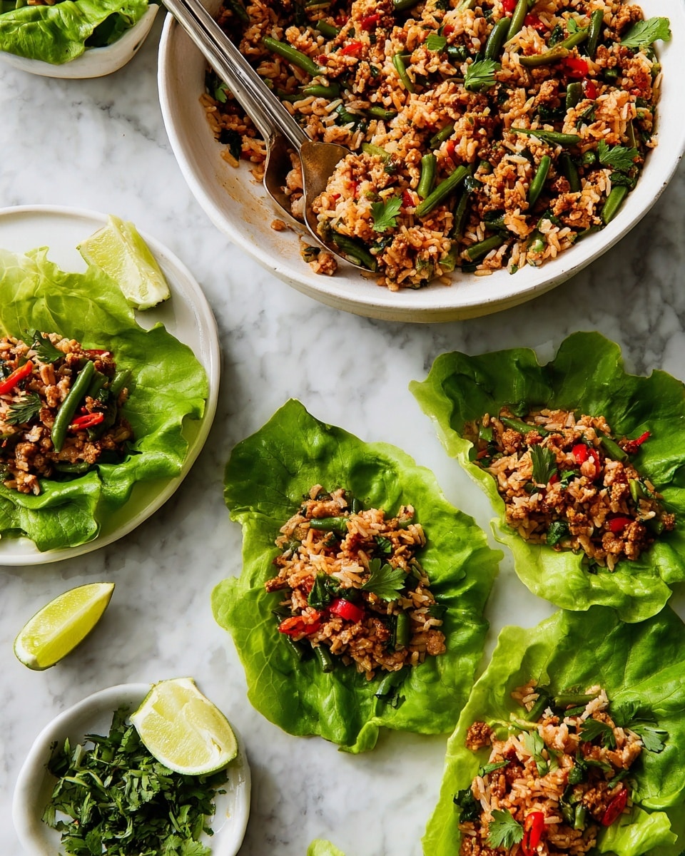 The image shows a large shallow white bowl filled with cooked rice mixed with ground meat, green beans, chopped red peppers, and small green herbs, all with a slightly oily texture. Below the bowl, there are five green lettuce leaves laid out on a white marbled surface, each holding a portion of the same rice mixture, with the rice sitting in the center of the leaves so that the bright green edges curl around it. To the left of the lettuce wraps, there is a small white bowl containing chopped green herbs and a lime wedge resting on the marble surface. Two metal chopsticks rest inside the large bowl. The colors contrast well with the white marble background, highlighting the vibrant green vegetables and warm brown rice. Photo taken with an iphone --ar 4:5 --v 7