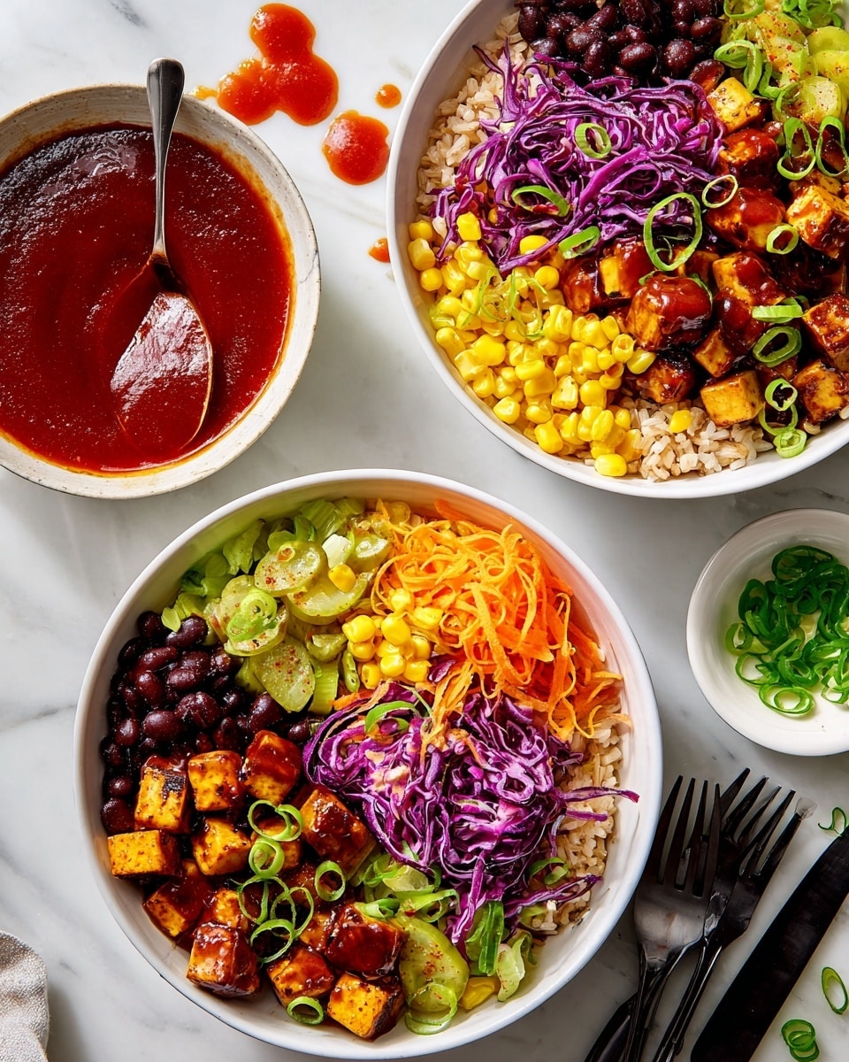 Two white bowls are filled with colorful layered food, placed on a white marbled surface. Each bowl has four visible layers starting from the bottom: brown rice that covers one side, bright yellow corn next to it, dark black beans mixed with orange-brown glazed tofu cubes on the other side, and a pile of finely shredded purple cabbage with thin orange carrot strips in the center. Thin green slices of green onion are sprinkled over the whole dish, with some pickles visible near the rice. To the left, a white bowl filled with red sauce and a spoon inside is placed with a few sauce drops on the white marbled surface. At the bottom right is a small white dish with green onion slices and black forks nearby. photo taken with an iphone --ar 4:5 --v 7