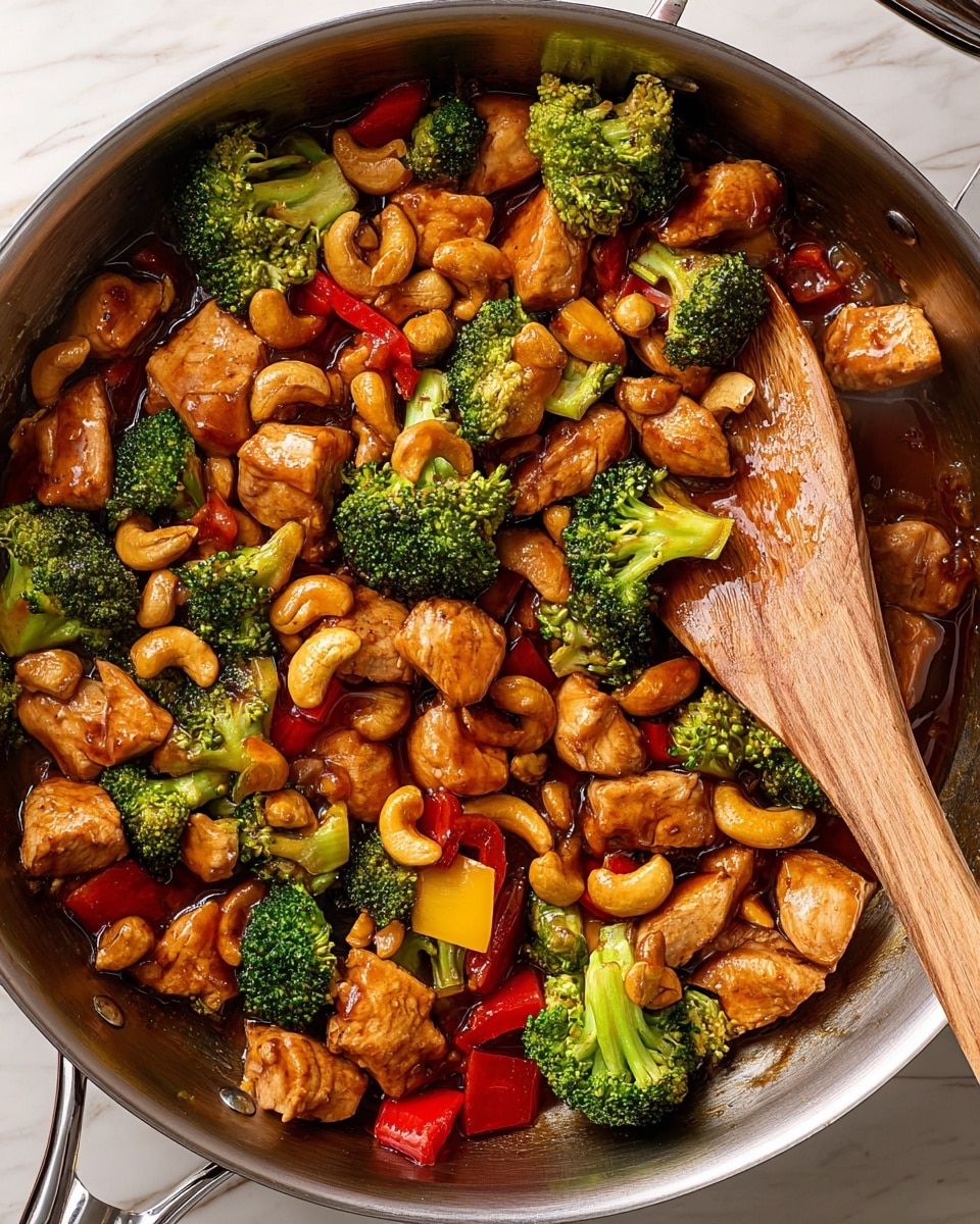 The image shows a close-up of a stainless steel pan filled with a colorful chicken stir-fry that has three main layers. The bottom layer is a light brown, glossy sauce covering the pan's base. The middle layer features chunks of golden-brown cooked chicken pieces, all unevenly sized and spread around. The top layer includes vibrant green broccoli florets, red and yellow bell pepper pieces, and light tan cashew nuts scattered evenly. A wooden spoon rests inside the pan, partially stirring the mixture. The pan is placed over a white marbled surface. Photo taken with an iphone --ar 4:5 --v 7