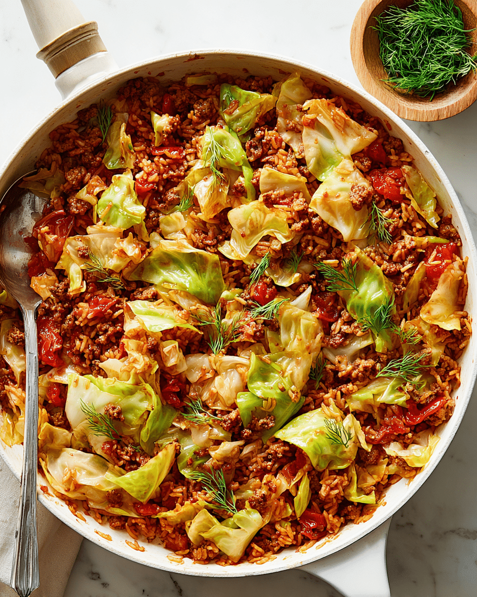 A white pan filled with a cooked dish showing three main layers: large soft pale green and light yellow cabbage pieces scattered on top and mixed throughout; a reddish-brown mix of ground meat and cooked rice that fills most of the pan beneath the cabbage; and visible chunks of bright red cooked tomatoes spread evenly. Small green herb leaves are sprinkled on top for color, and there is a silver spoon resting inside on the left side. The pan is placed on a white marbled surface with a small wooden bowl of fresh green dill herbs beside it. Photo taken with an iphone --ar 4:5 --v 7