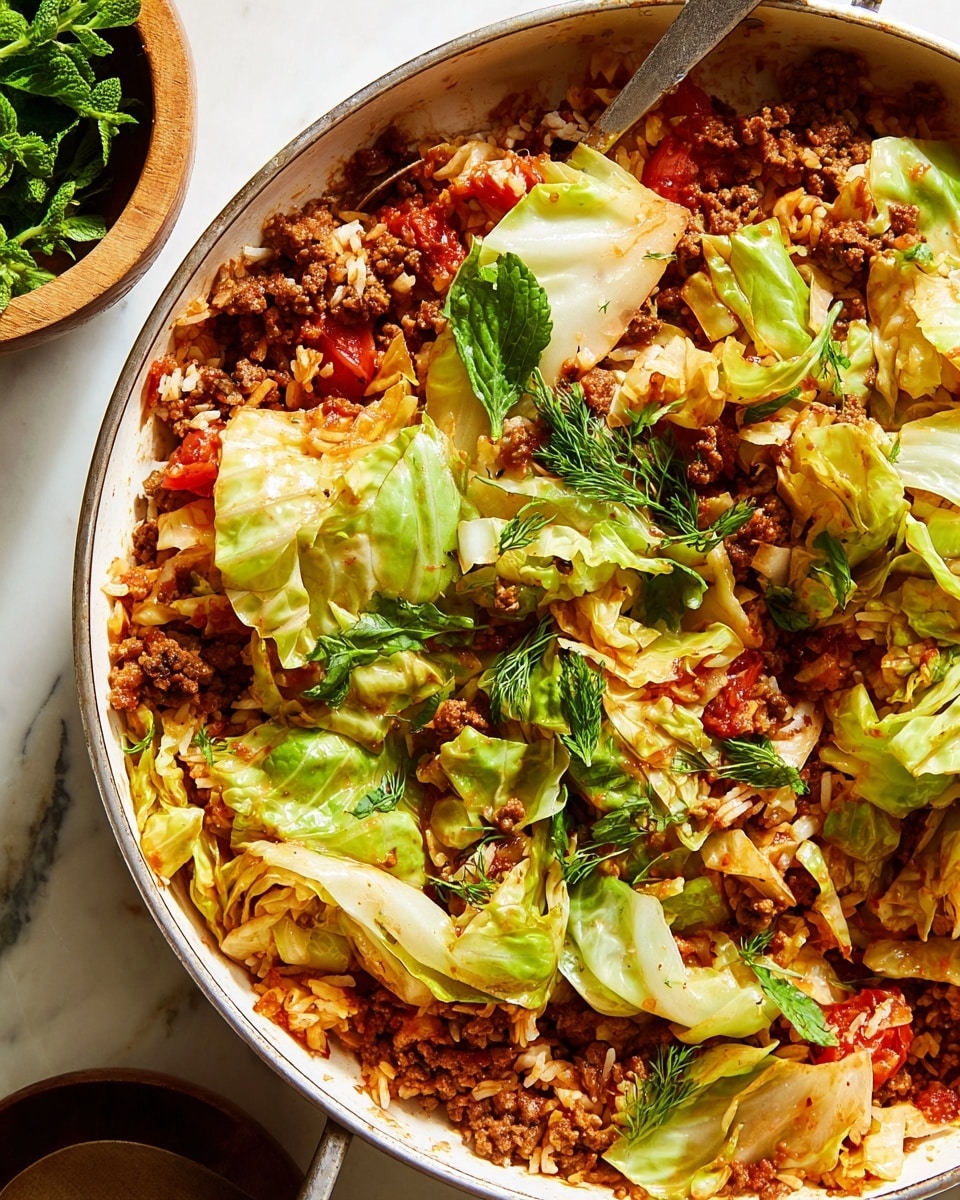 A close-up view of a white pan filled with a mixture of cooked food layers, showing roughly chopped green cabbage pieces on top, with some fresh green herbs sprinkled over. Beneath the cabbage, there is a layer of brown cooked ground meat with bits of white rice and red tomato chunks, all mixed with a reddish sauce creating a textured look. The pan is placed on a white marbled surface, and in the top left corner, a wooden bowl with fresh green herbs is partially visible. photo taken with an iphone --ar 4:5 --v 7