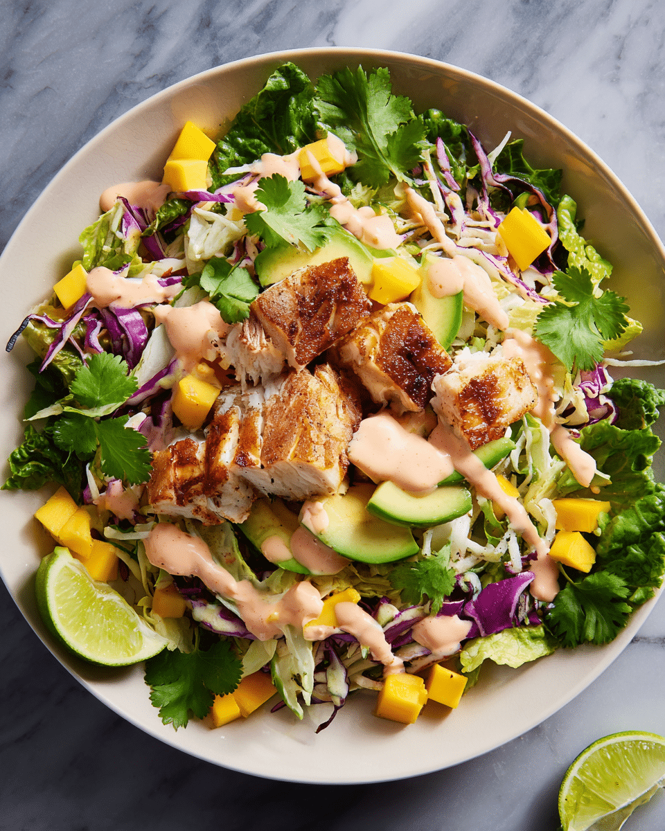 A white plate holds a layered salad starting with a base of green leafy lettuce at the bottom, topped with shredded purple and white cabbage mixed with small yellow mango slices and diced avocado cubes scattered around the edges. Two pieces of lightly browned, grilled fish sit in the center. The entire dish is drizzled with a light pink creamy sauce and garnished with fresh cilantro leaves. A green lime wedge rests on the side of the plate. The plate is set on a white marbled surface. Photo taken with an iphone --ar 4:5 --v 7