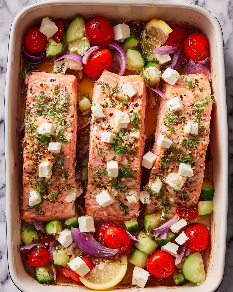 The image shows a white rectangular baking dish with three cooked salmon fillets placed side by side. The salmon is pink with a slightly crispy texture and is topped with small white cubes of feta cheese, bright red cherry tomato halves, green cucumber chunks, and purple slices of red onion. Around the salmon are scattered more feta cubes, cherry tomatoes, cucumber pieces, and thin slices of lemon at the edges. The dish is garnished with fresh green dill sprigs and seasoned with black pepper and herbs. The background features a white marbled surface. Photo taken with an iphone --ar 4:5 --v 7