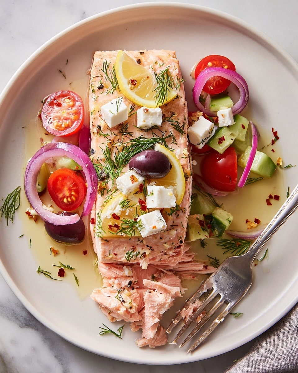 A white plate holds a cooked salmon fillet with pink layers and flakes visible where a piece has been cut by a fork at the bottom right. The salmon rests on thin lemon slices and is topped with chopped cubes of white feta cheese, small green cucumber pieces, dark olives, and diced red onion. Around the fish, red tomato halves and thin rings of red onion are scattered, all drizzled with a light olive oil dressing that pools slightly on the plate. Sprigs of fresh dill add a touch of green, and small red chili flakes are sprinkled over the dish. The setting is on a white marbled surface with a silver fork partly under the salmon. Photo taken with an iphone --ar 4:5 --v 7