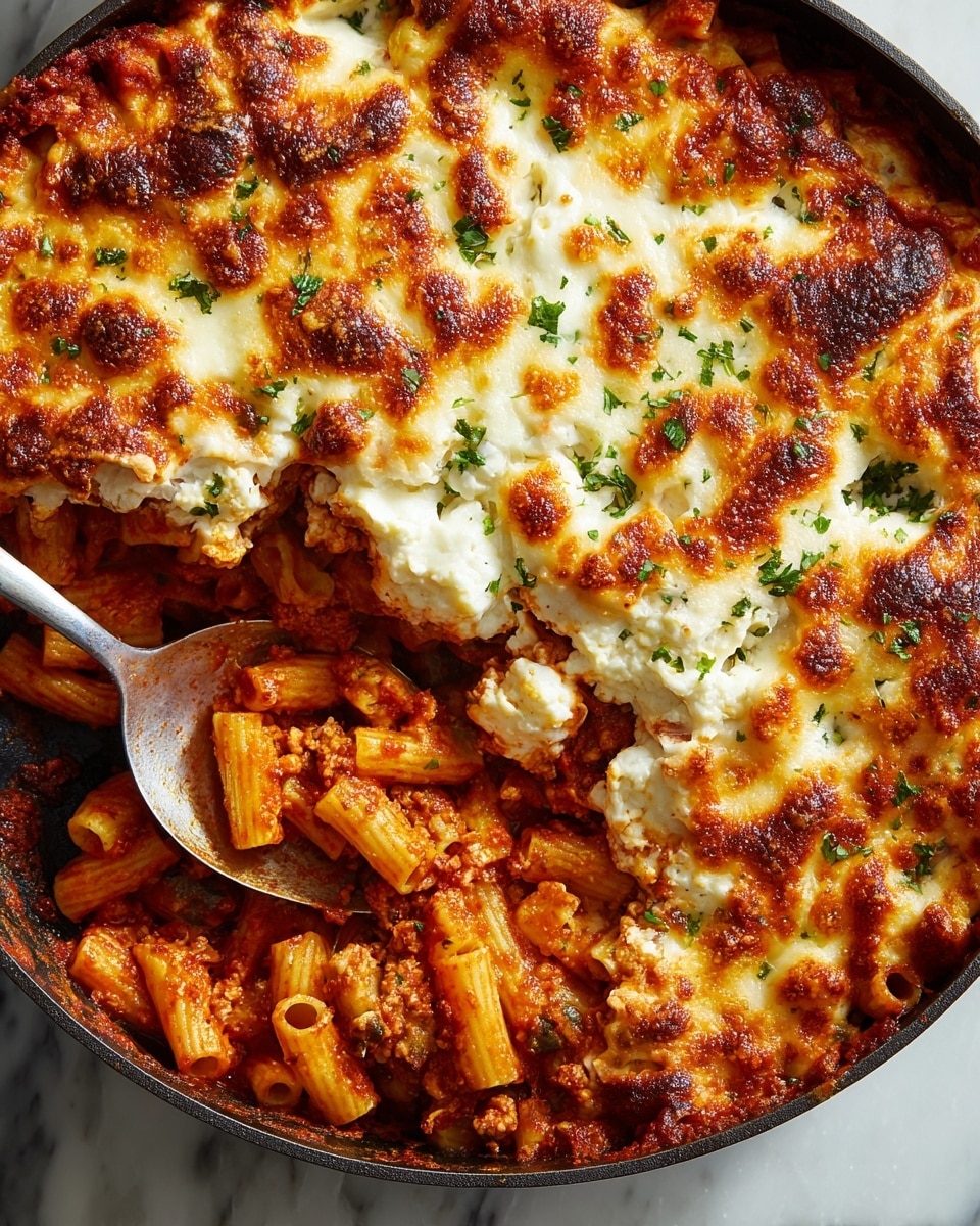 A close-up view of a baked pasta dish in a dark pan, showing two main layers: the bottom layer is short tubular pasta in rich red tomato sauce mixed with small pieces of white ricotta cheese, and the top layer is thick, bubbly, melted mozzarella cheese browned in spots with hints of green herbs scattered on top. The pasta is partially scooped out with a silver spoon revealing the saucy and cheesy mix below. The background shows a white marbled texture. photo taken with an iphone --ar 4:5 --v 7