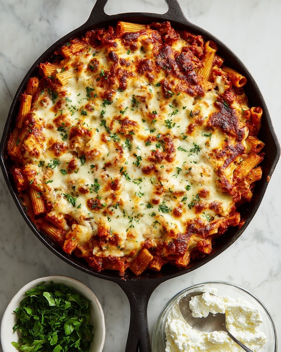 The image shows a baked pasta dish in a black cast iron skillet on a white marbled surface. The dish has a visible base layer of red tomato sauce mixed with tubular pasta, topped by a thick layer of melted, browned cheese with a bubbly texture and golden spots, sprinkled with chopped green herbs. Next to the skillet, there is a white bowl with fresh green herbs and a clear glass bowl filled with white cottage cheese with a spoon inside. The overall look is hearty and warm, highlighting the rich colors and textures of the baked pasta. photo taken with an iphone --ar 4:5 --v 7