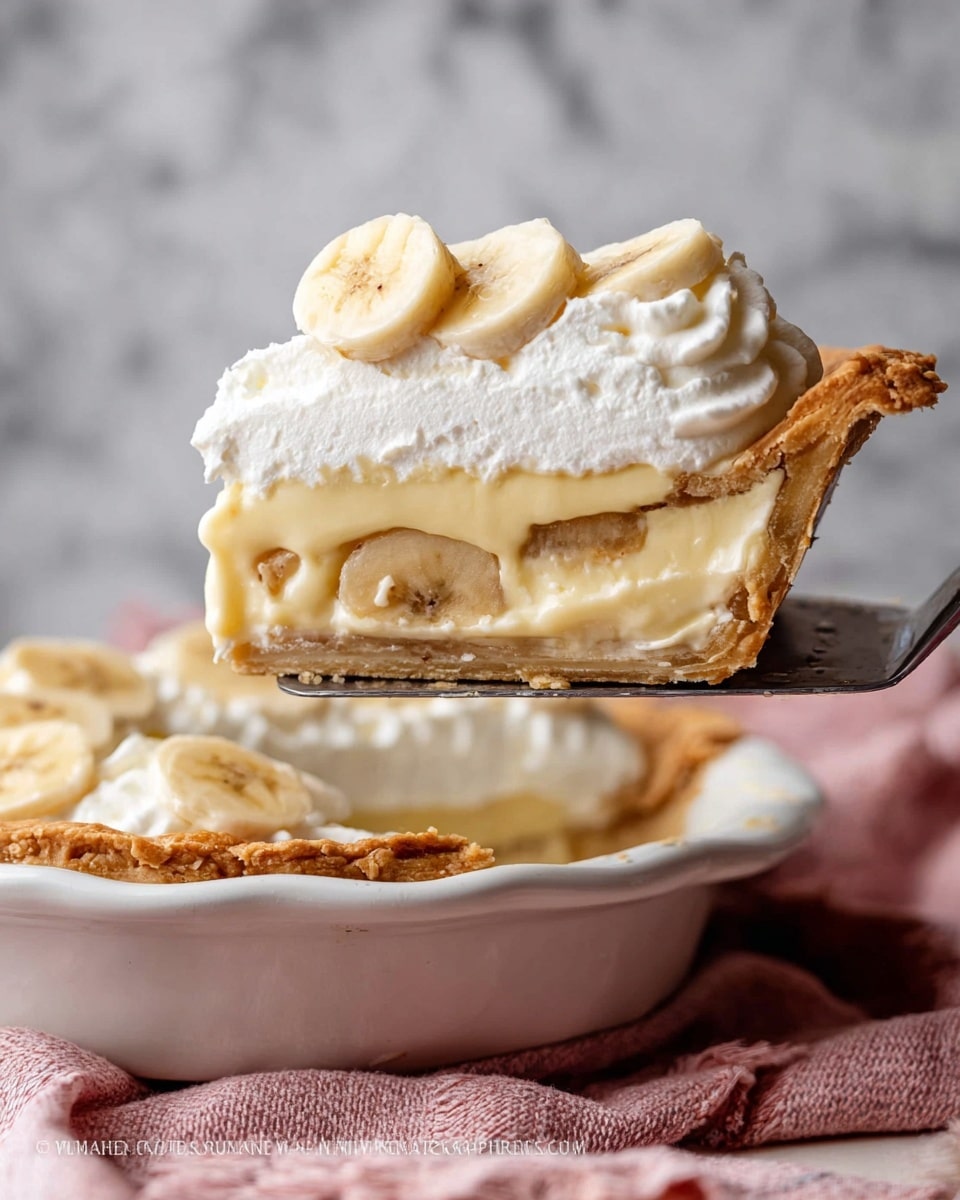 A slice of banana cream pie is being lifted by a metal pie server above a white pie dish. The pie has four visible layers: the bottom layer is a flaky, golden-brown pie crust; above the crust is a creamy layer with visible banana pieces; next is a smooth, light yellow custard layer; and the top layer is white whipped cream with banana slices placed on top, evenly spaced. The pie dish is set on a soft pink cloth with a white marbled texture background. Photo taken with an iphone --ar 4:5 --v 7