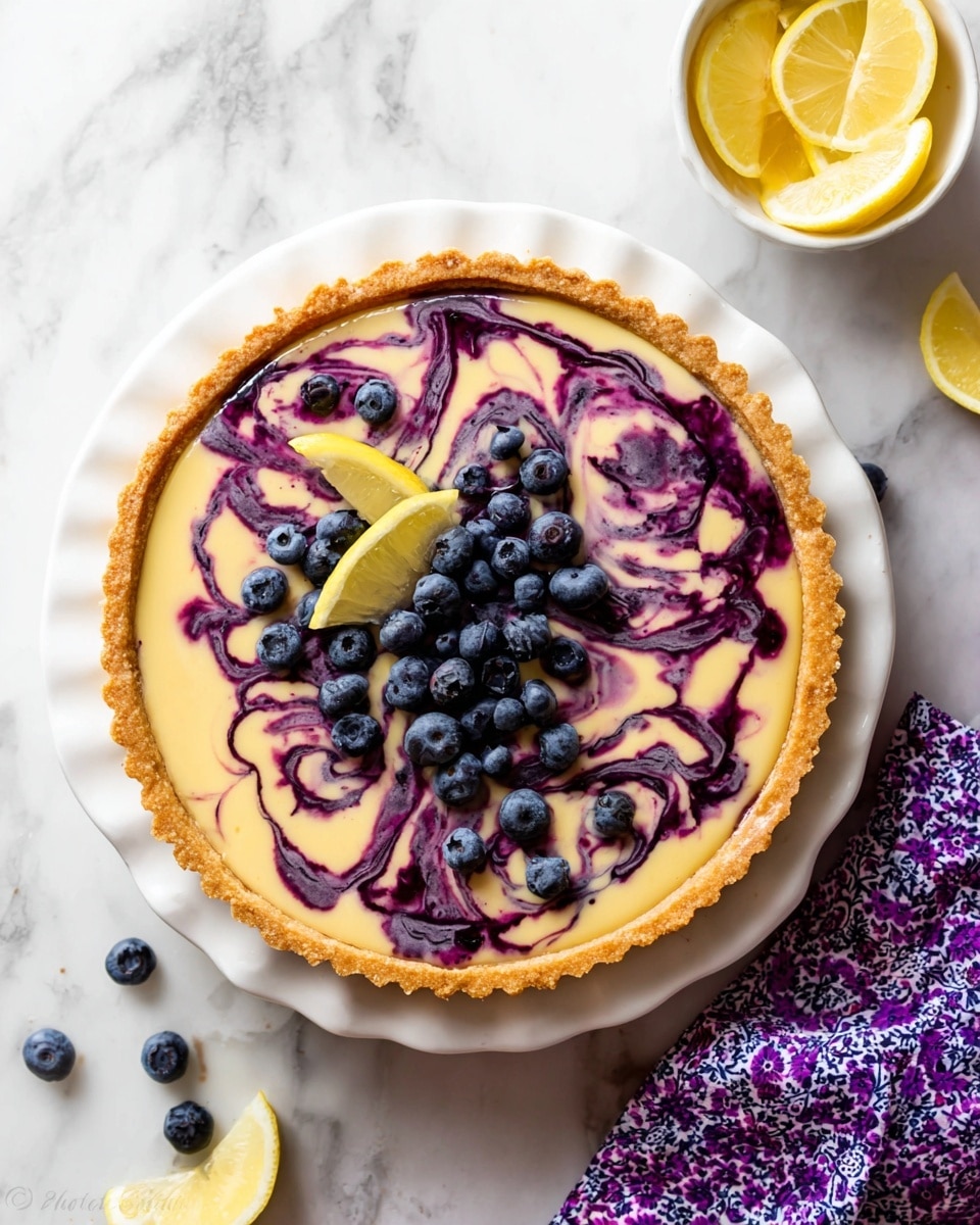 A blueberry lemon tart is shown with a golden-brown crust forming the base and sides, filled with a smooth pale yellow lemon custard layer. On top, there is a purple blueberry swirl pattern creating an artistic, marbled effect across the surface. Scattered fresh blueberries are placed on the custard, with two lemon wedges positioned on the edge of the tart. The tart sits on a white ceramic plate with a fluted edge, all placed on a white marbled surface. A small white bowl of extra lemon wedges is nearby, and a purple patterned cloth is partially visible at the side. photo taken with an iphone --ar 4:5 --v 7