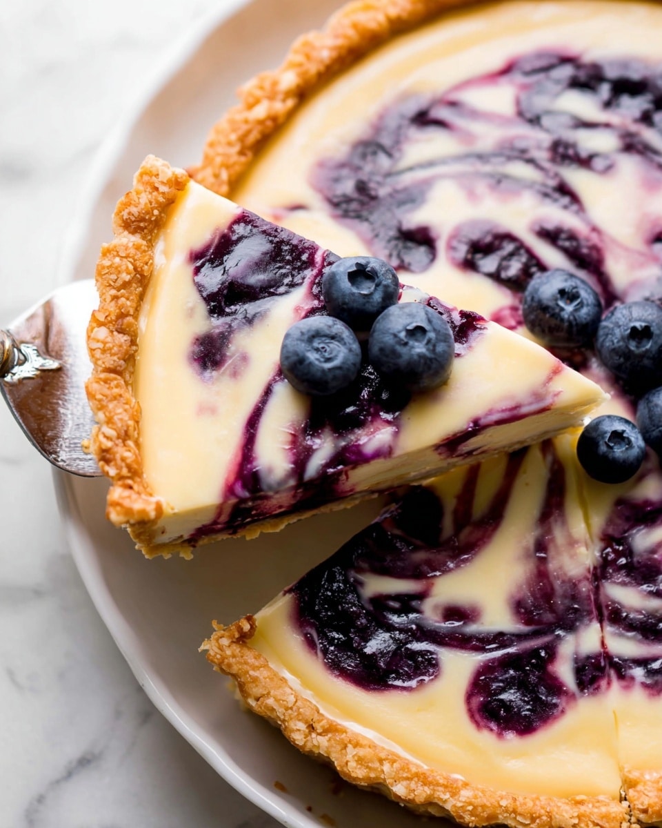 A close-up view of a tart with a golden, crumbly crust around the edges as the first layer. The second layer is a smooth, creamy pale yellow filling spread evenly inside the crust. On top, there is a dark purple and blue blueberry sauce swirled throughout, creating a marbled effect with the creamy filling. A few whole fresh blueberries are scattered on the surface, adding texture and color contrast. A slice of the tart is being lifted by a pie server from a white plate sitting on a white marbled surface. The photo taken with an iphone --ar 4:5 --v 7