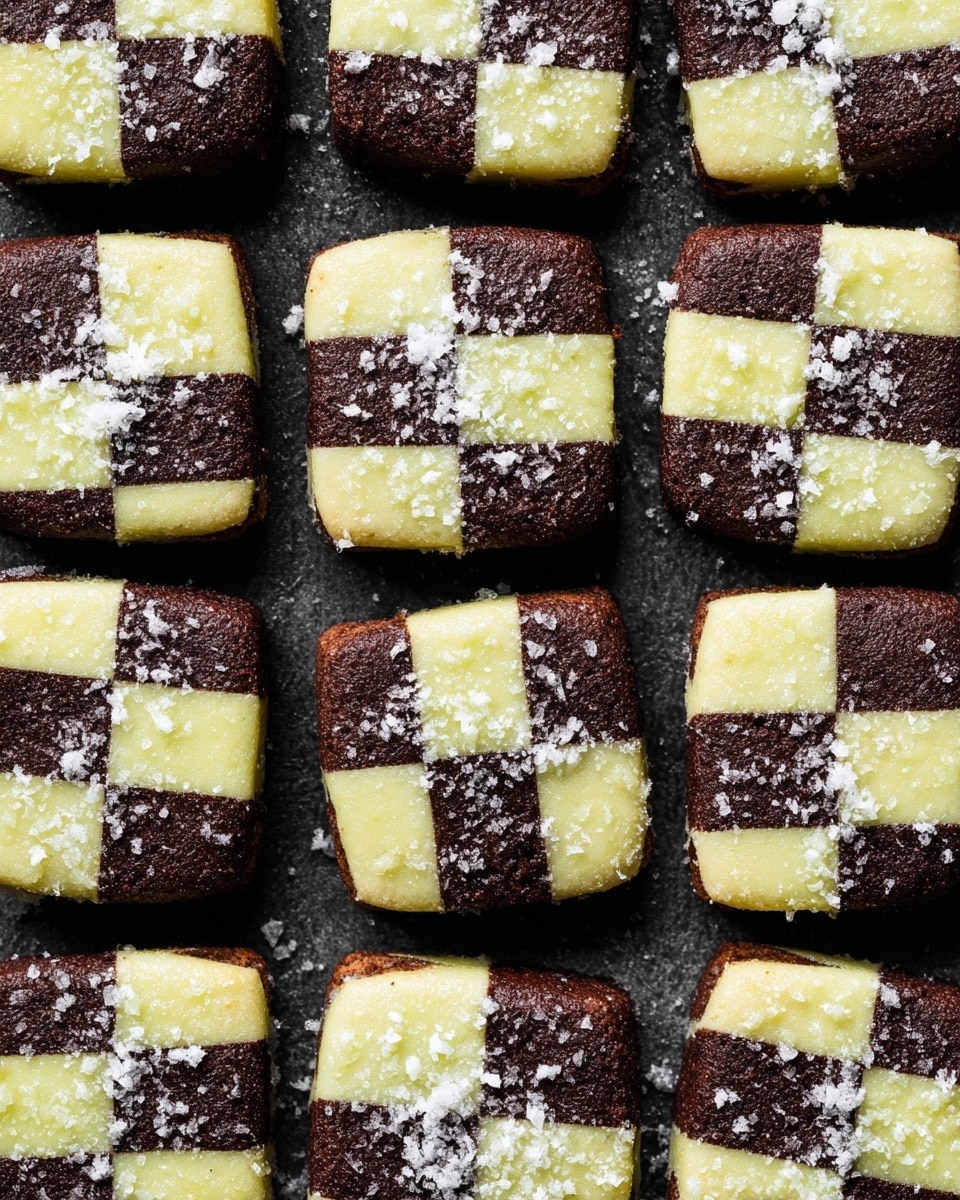 Square cookies are arranged closely together on a dark surface with a light sprinkle of coarse sugar crystals on top. Each cookie is made from a checkerboard pattern of four layers, with alternating dark brown chocolate sections and pale yellow vanilla sections. The edges are sharp and the texture looks smooth but firm, showing the contrast between the two colors and flavors. The overall look is neat and uniform, highlighting the mix of light and dark squares in each cookie. Photo taken with an iphone --ar 4:5 --v 7