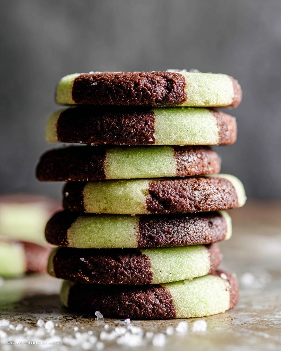 A stack of five thick, round cookies with alternating vertical stripes of dark brown and pale green, each stripe roughly equal in width, showing a slightly rough texture on the surface; the cookies are stacked closely together on a flat surface with some crystallized sugar sprinkled on top and a blurred white marbled texture in the background. photo taken with an iphone --ar 4:5 --v 7