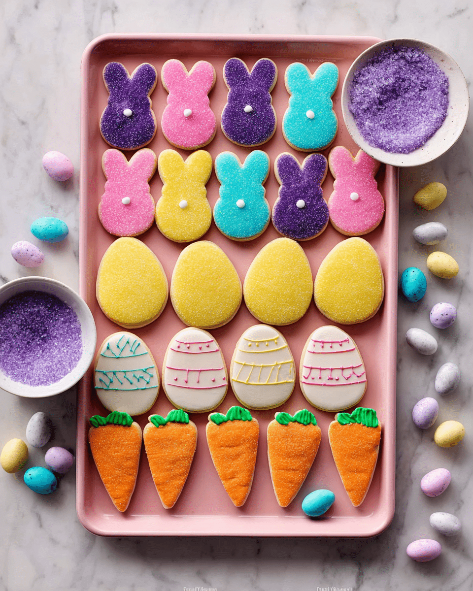A pink speckled tray holds three types of colorful Easter-themed cookies arranged in neat rows on a white marbled surface. The top two rows feature bunny-shaped cookies with a sugar-coated texture in purple, pink, yellow, and blue, each with a small white round tail near the bottom center. Below them are egg-shaped cookies with smooth icing, decorated with yellow, pink, and white bases and detailed with thin colored icing lines or small dots in pastel colors. At the bottom, five carrot-shaped cookies have bright orange icing bodies and green icing leaves with a slight texture at the top. Scattered around are small pastel-colored candy eggs in blue, purple, white, and pink, along with a small white bowl filled with purple sugar crystals. Photo taken with an iphone --ar 4:5 --v 7