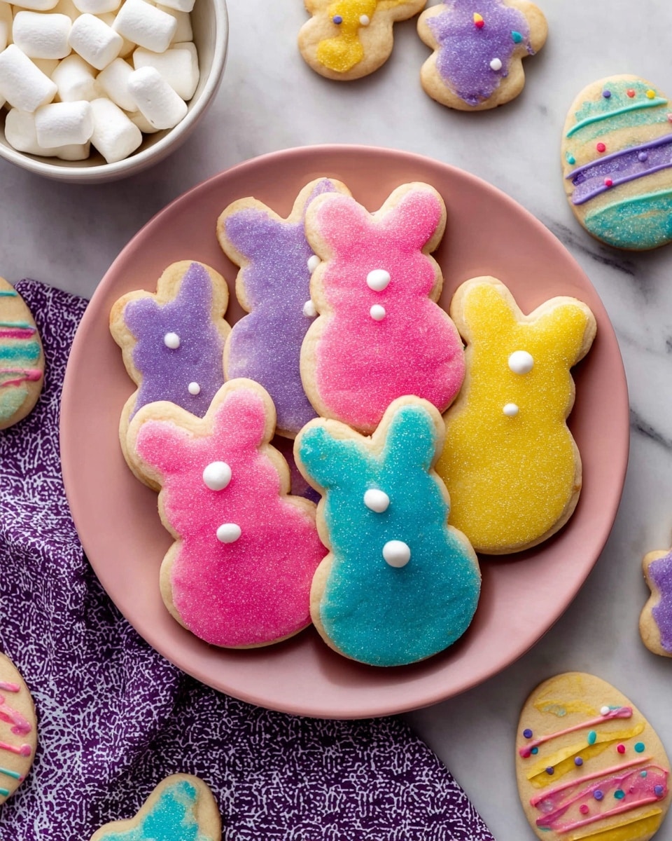 A pink plate with colorful polka dots holds nine bunny-shaped sugar cookies arranged in a casual pile. The cookies have a thick layer of coarse sugar icing in bright purple, pink, blue, and yellow colors, each topped with a small round white sugar dot at the base to resemble a bunny tail. Around the plate on a white marbled surface, there are additional pastel-colored bunny cookies and several egg-shaped cookies decorated with colorful icing patterns including stripes and dots. In the top left corner, a white bowl is filled with small marshmallows, and a purple and white patterned cloth is partially visible in the bottom left. Photo taken with an iphone --ar 4:5 --v 7
